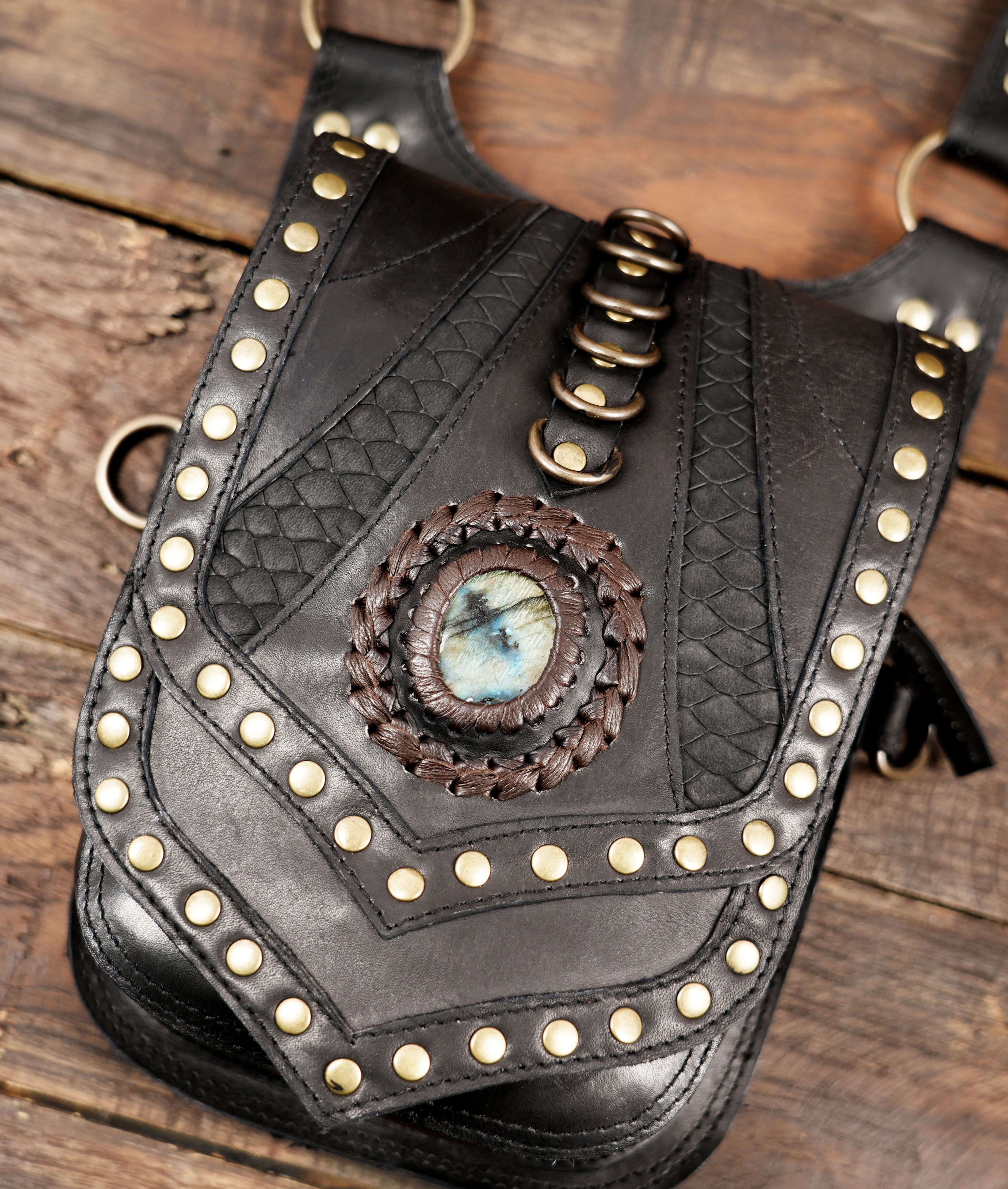 Festival-style leather shoulder harness bag with studs with gemstone
