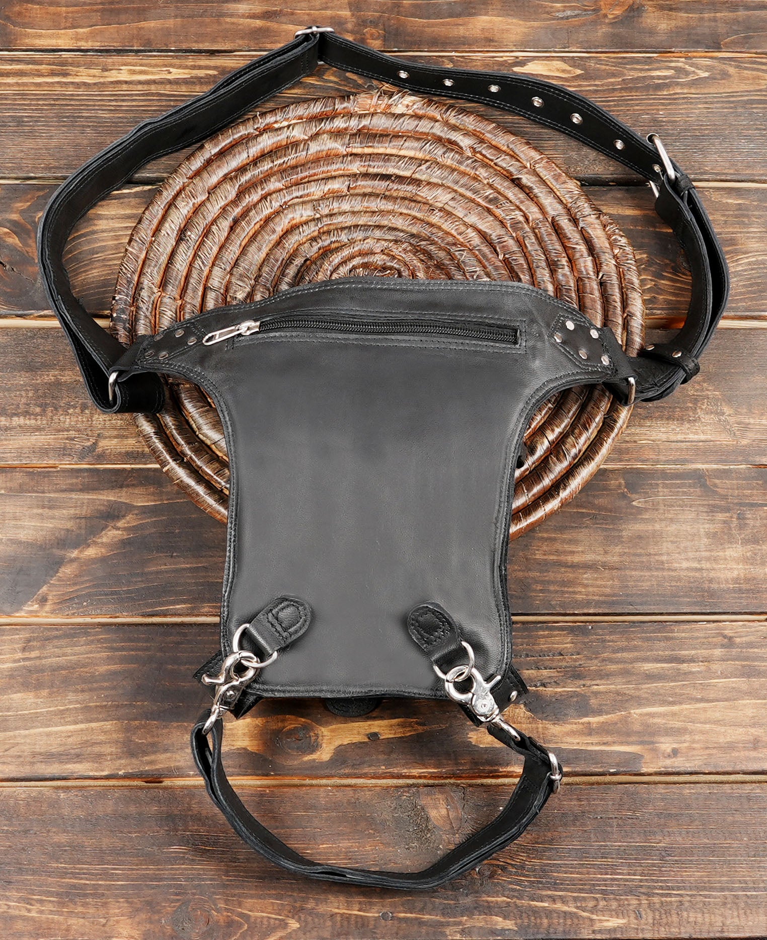 Handmade Black Leather Fringe Waist Bag: Labradorite Gemstone Belt Pouch back side zipper 