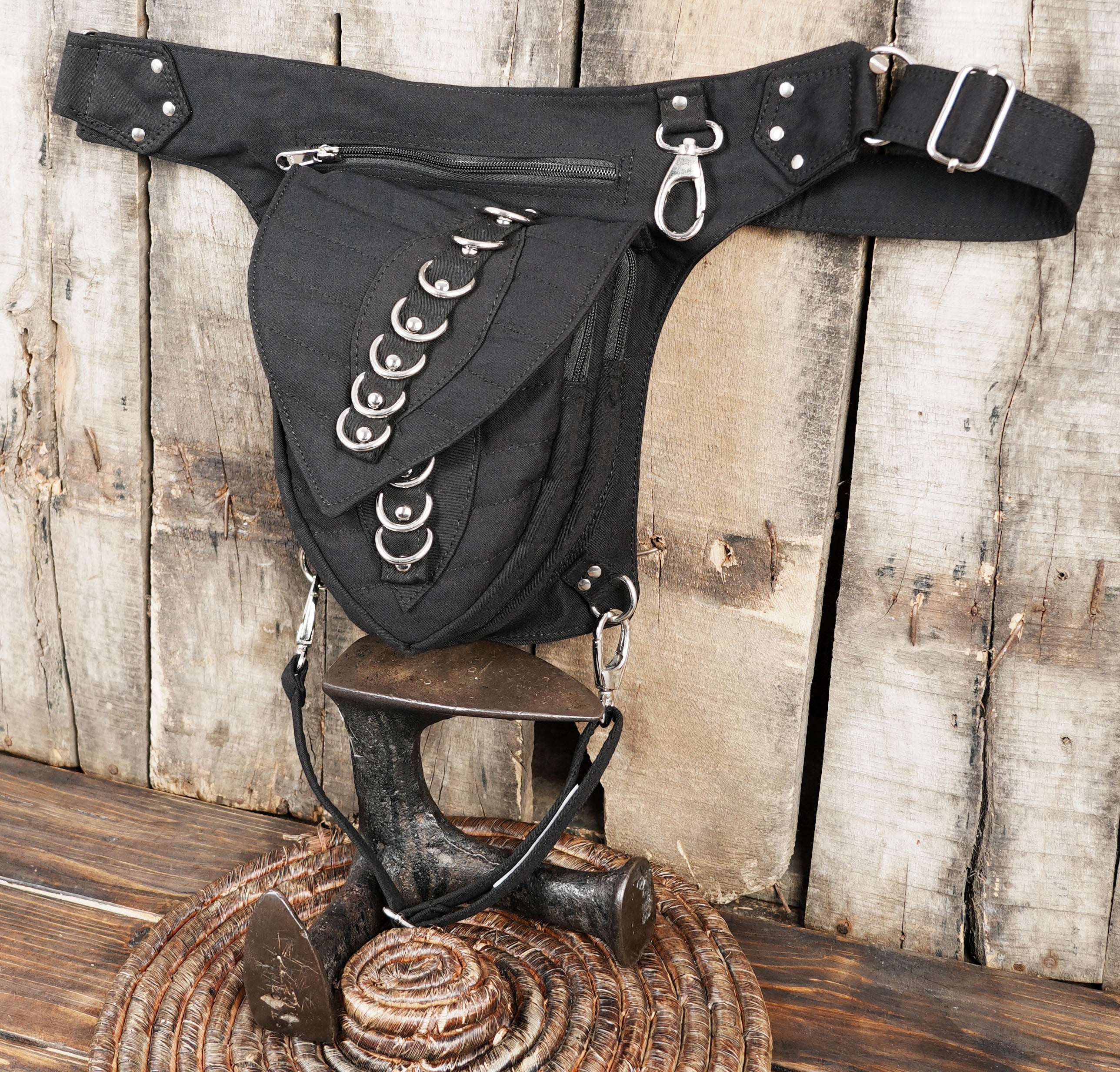 Black gothic style waist and thigh bag with edgy details