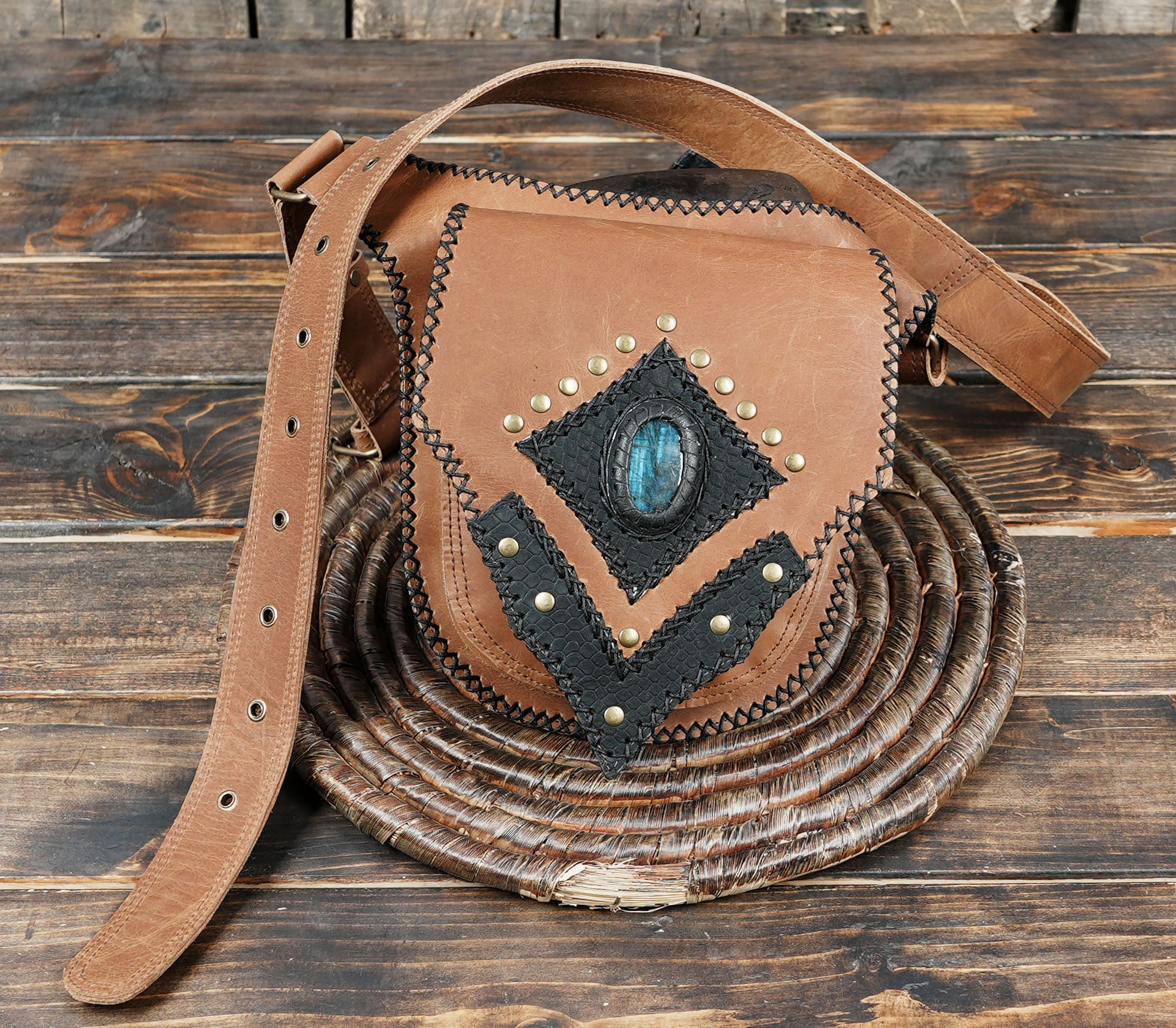 Steampunk fashion belt with gemstone centerpiece and studs