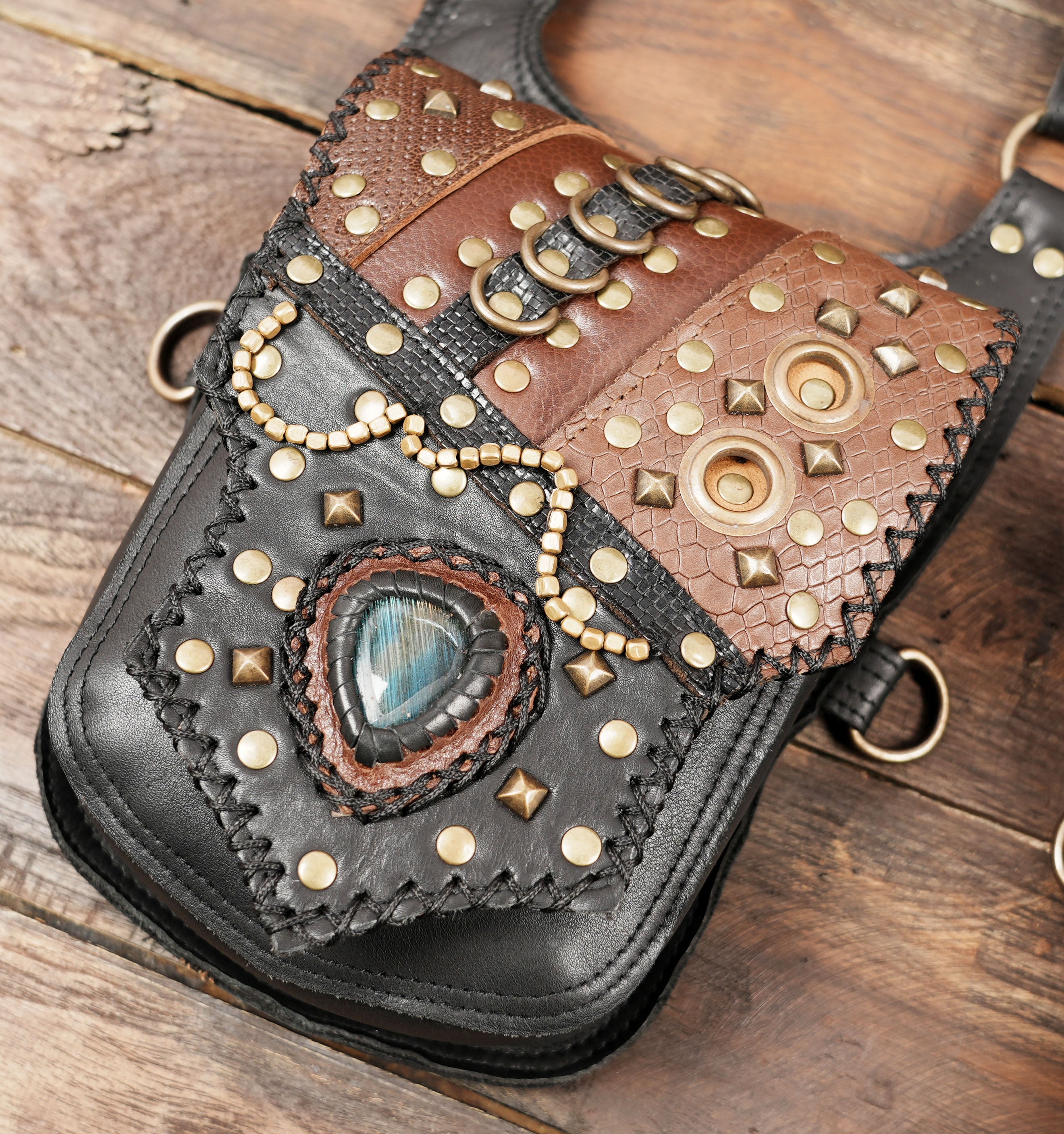 Black Leather Belt Bag with Gemstone and Brass