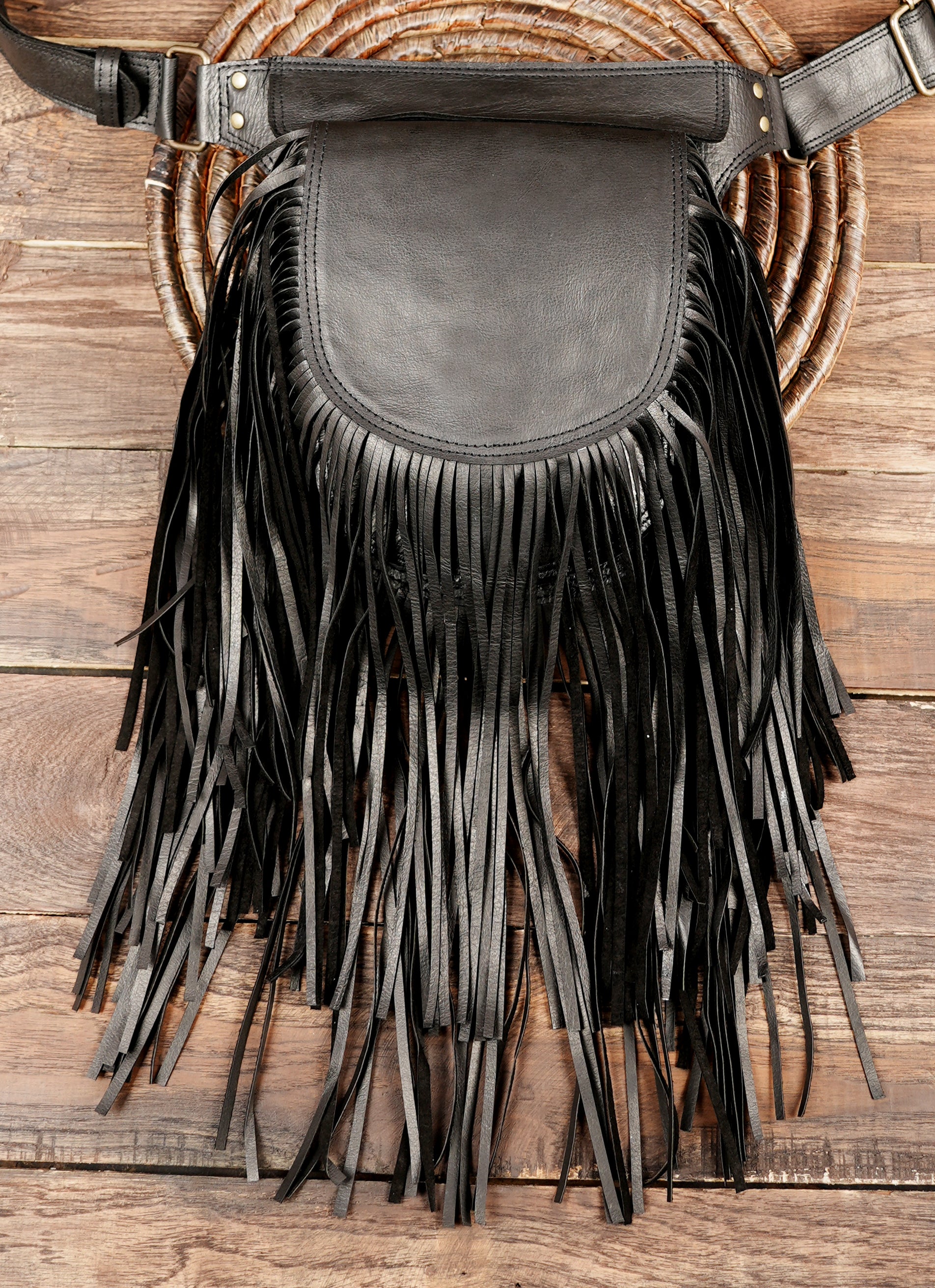 Panashe Leather Waist Bag - Black Utility Belt Pouch with Free Size Fit and Adjustable Strap with fringes
