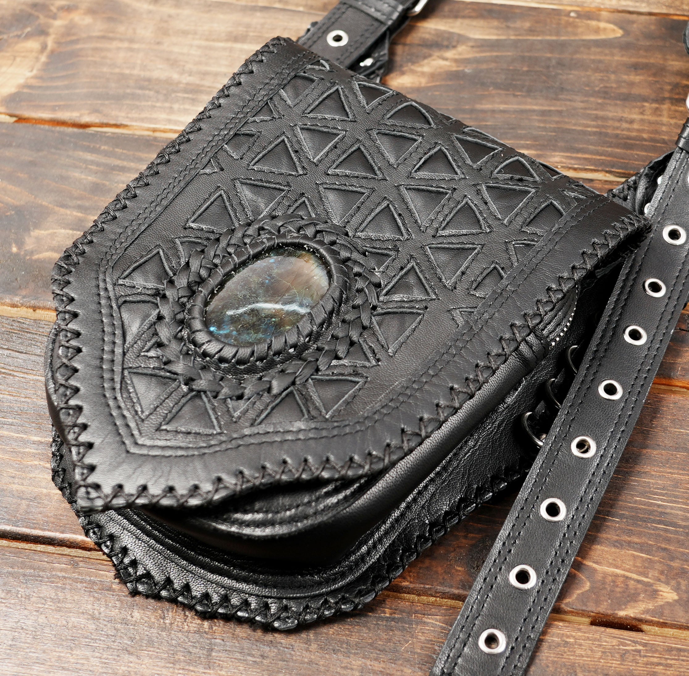REAL LEATHER labradorite GEMSTONE Shoulder Holster Bag, Leather Handmade, Leather Shoulder Bag WITH POCKET ZIPPER 