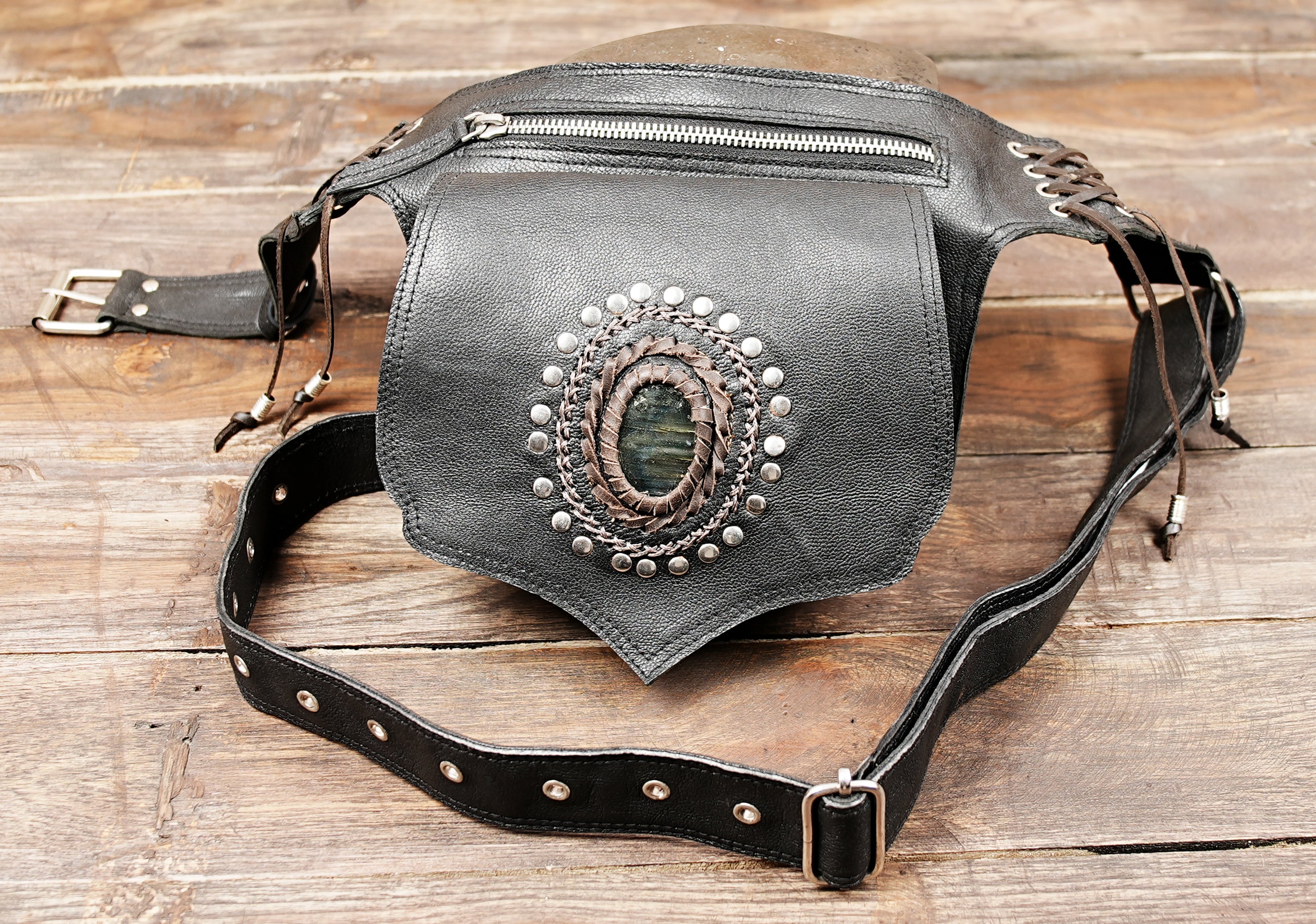 Bohemian Leather Belt Bag: Gemstone Accent, Unisex Festival Waist Bag