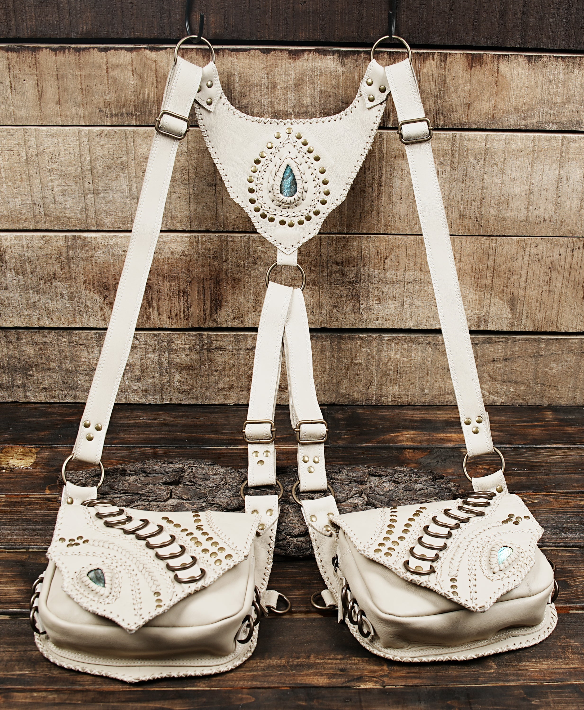 Dual pouch bohemian leather holster bag with gemstone accents