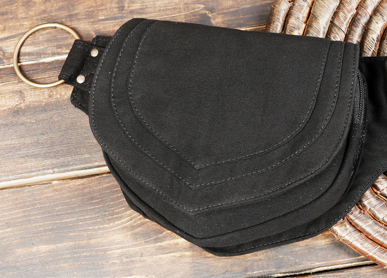 Back view of black canvas waist bag with secure zip pocket