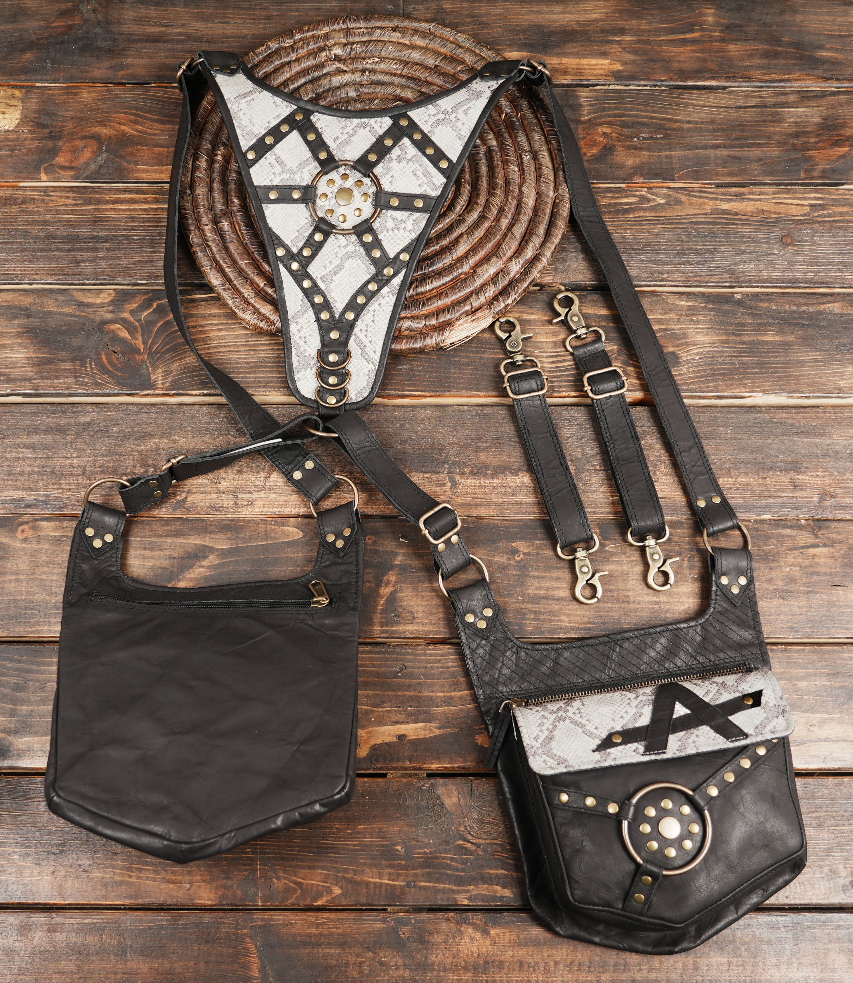 Festival-ready leather holster harness with handcrafted detailing.