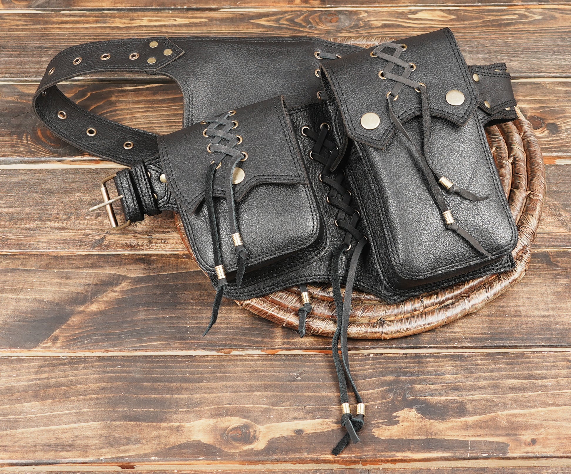 Hand-crafted leather belt bag with lace-up sides