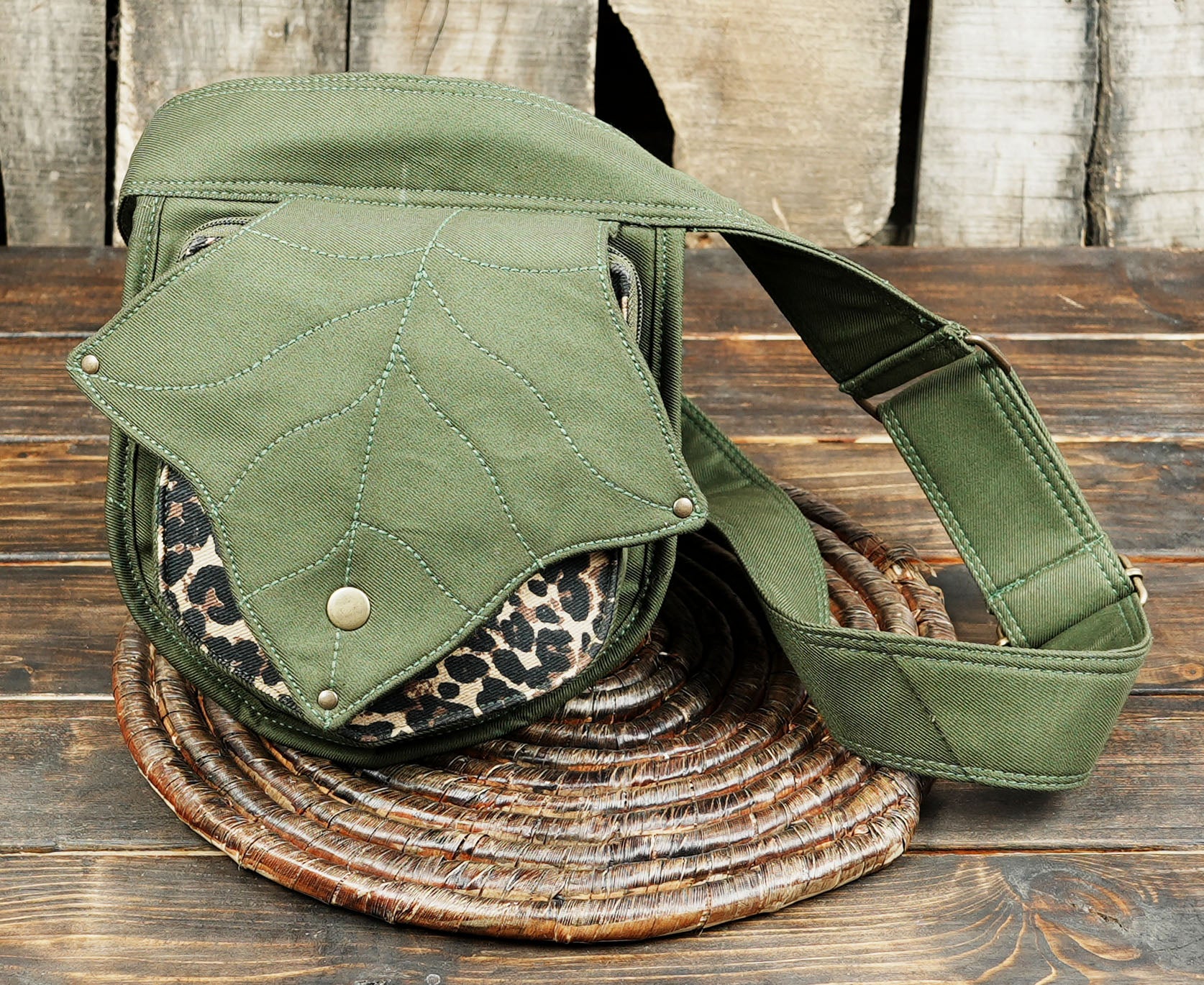 Unisex green hip pouch with eco leaf style and adjustable strap