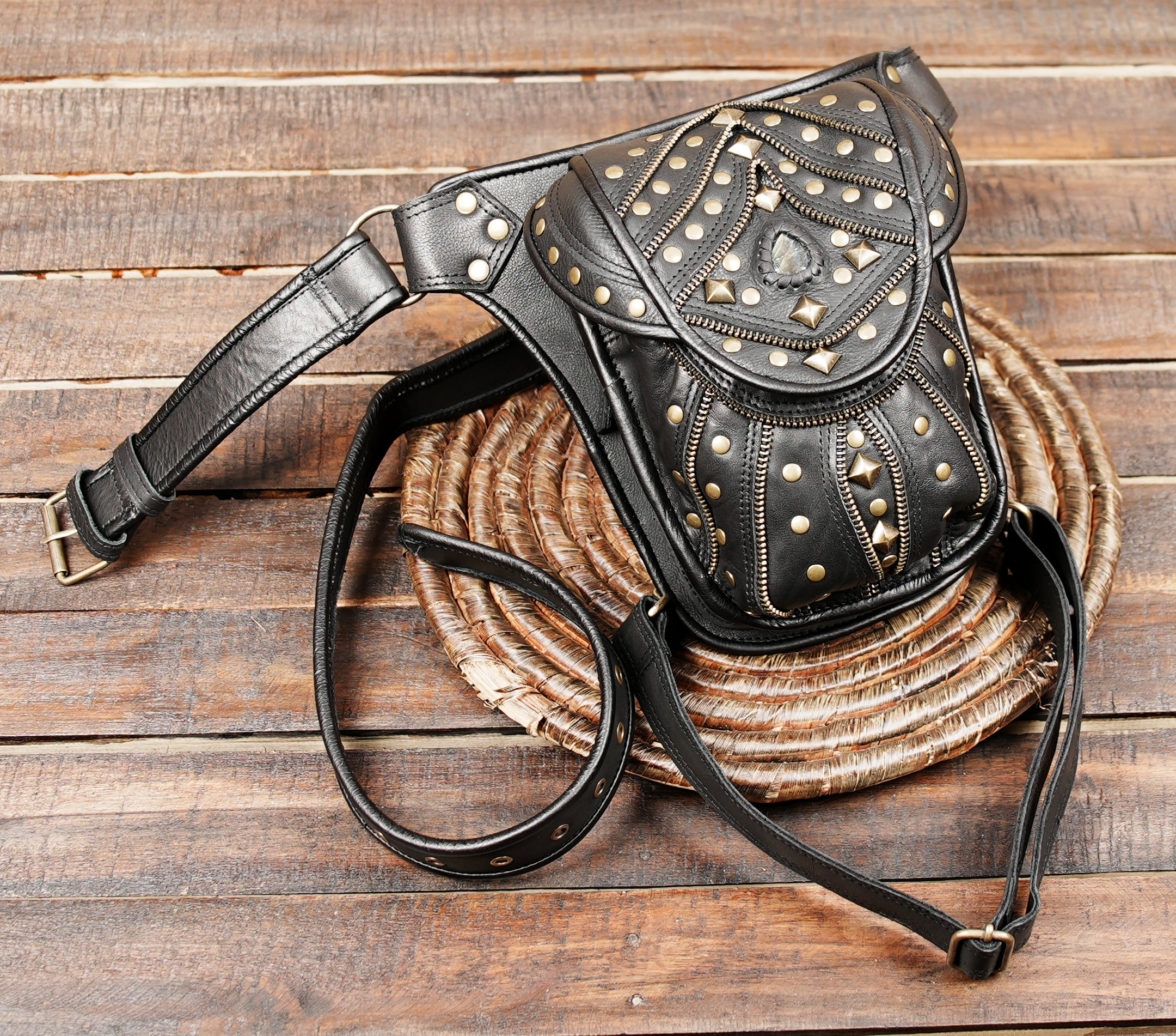 Handmade Leather Belt Bag: Gemstone Fanny Pack, Boho Festival Style
