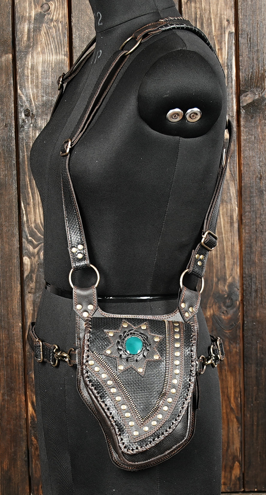Gothic leather holster rig for biker and festival outfits