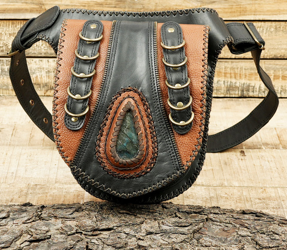 Handmade Leather Waist Belt Pouch With Gemstone Accent || Festival Leather Utility Belt Bag With Adjustable Fit (LT/AB/WB/6004)