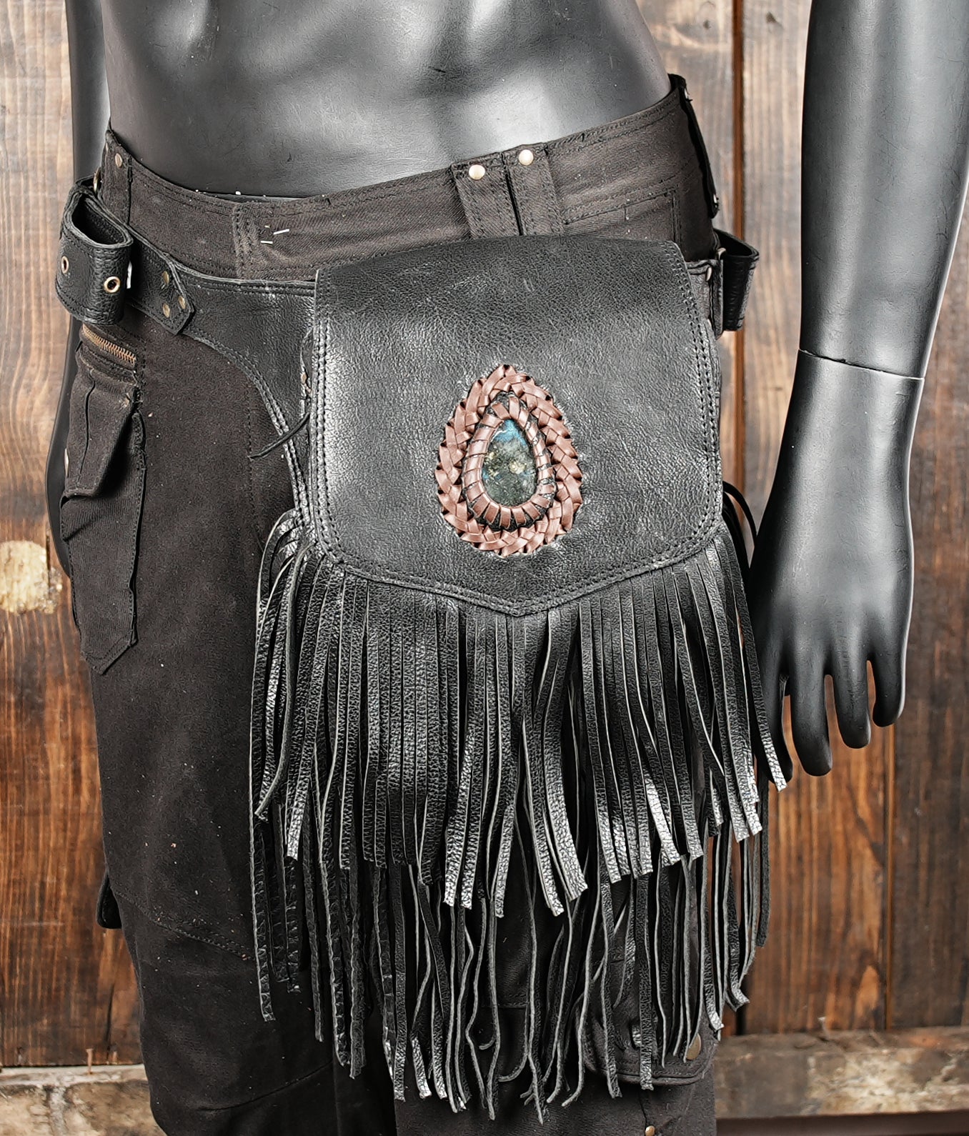 Handmade Black Leather Belt Bag: Gemstone Fanny Pack, Tribal Boho Style