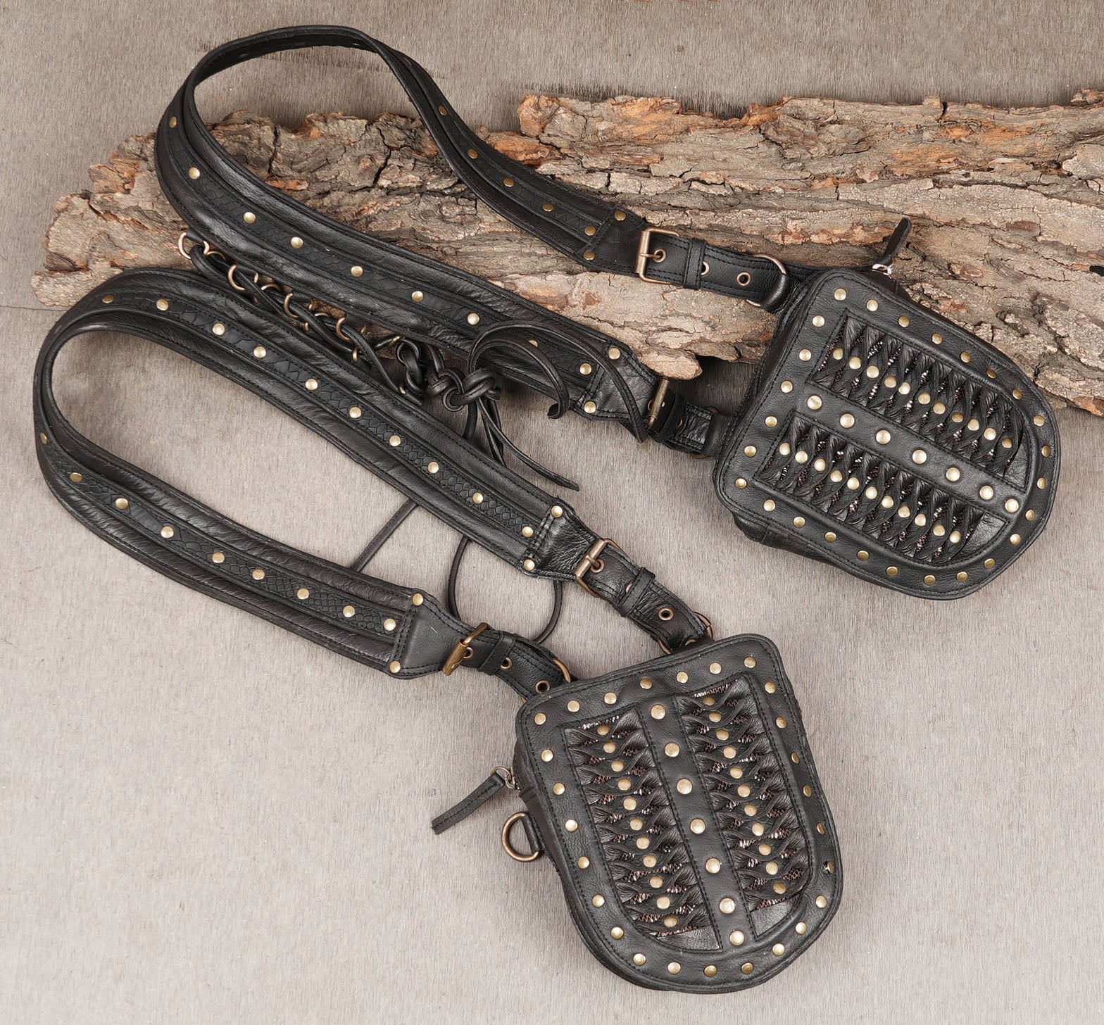 Leather chest holster set featuring dual storage pouches