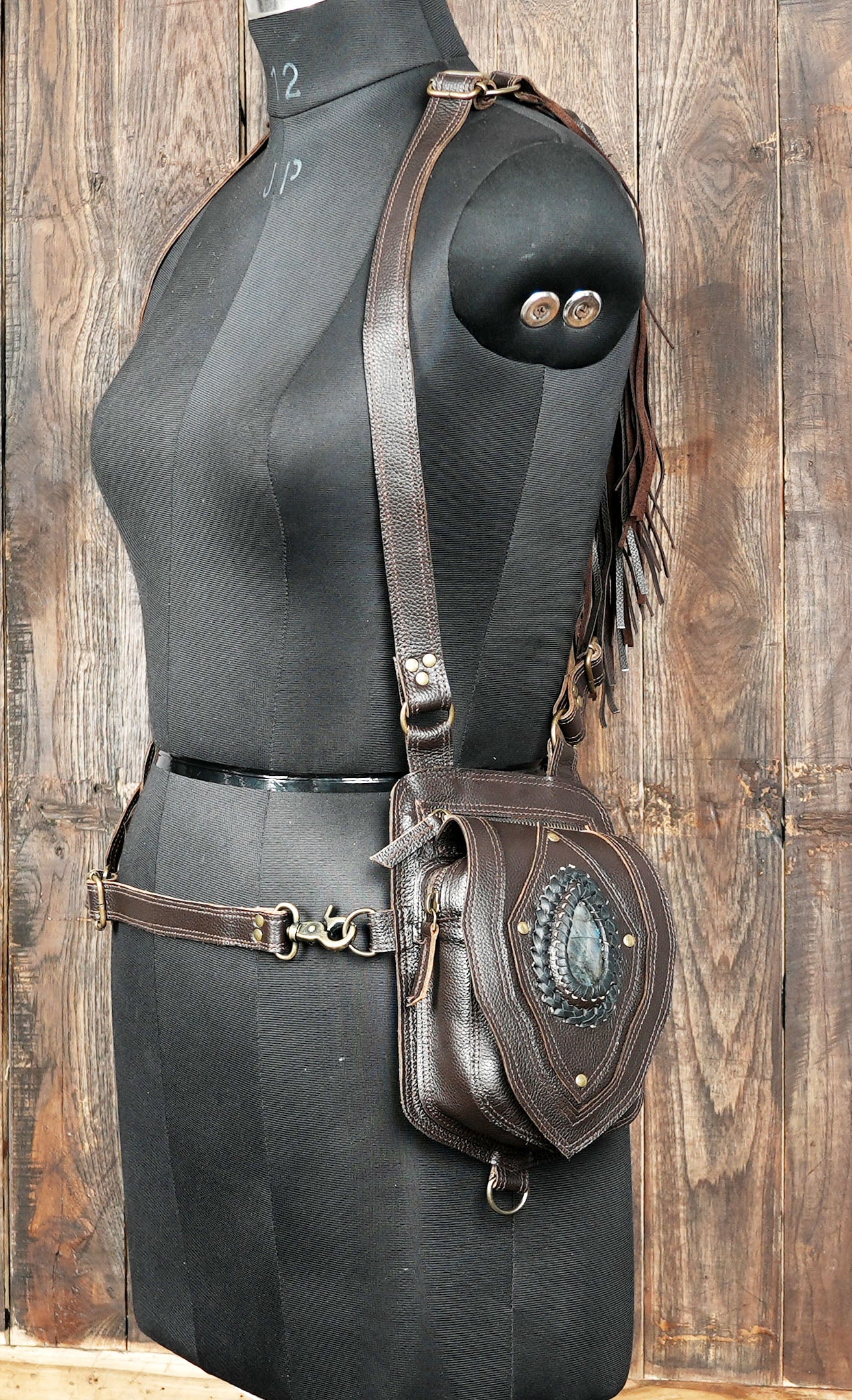 Handmade festival holster bag in brown leather with fringe detail