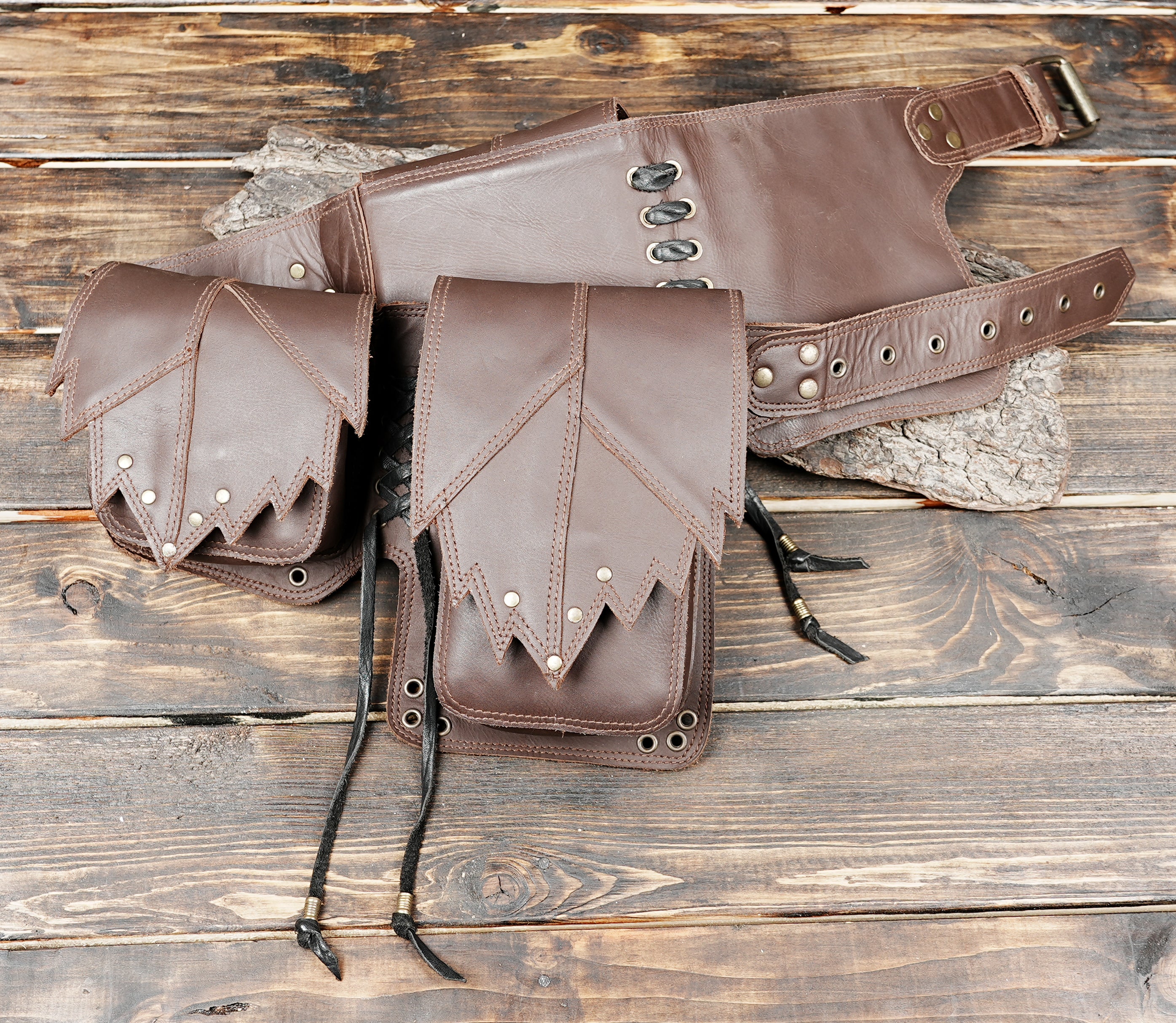 Unisex brown leather waist pouch for festivals, cosplay, and travel