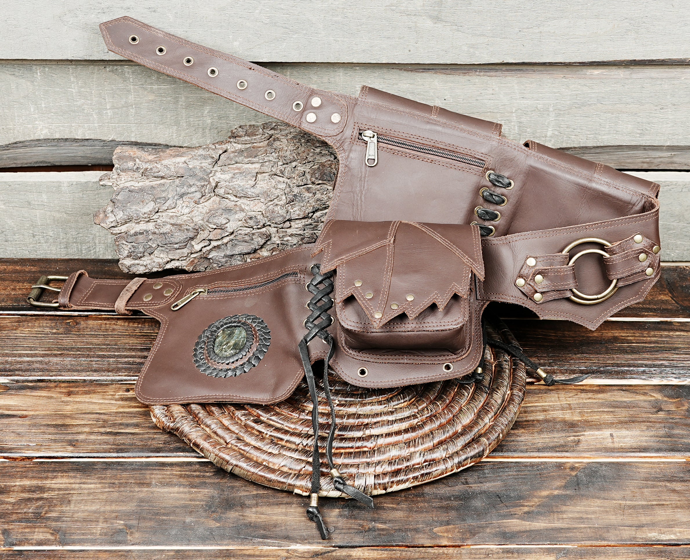 Multi-pocket leather festival belt bag for men and women