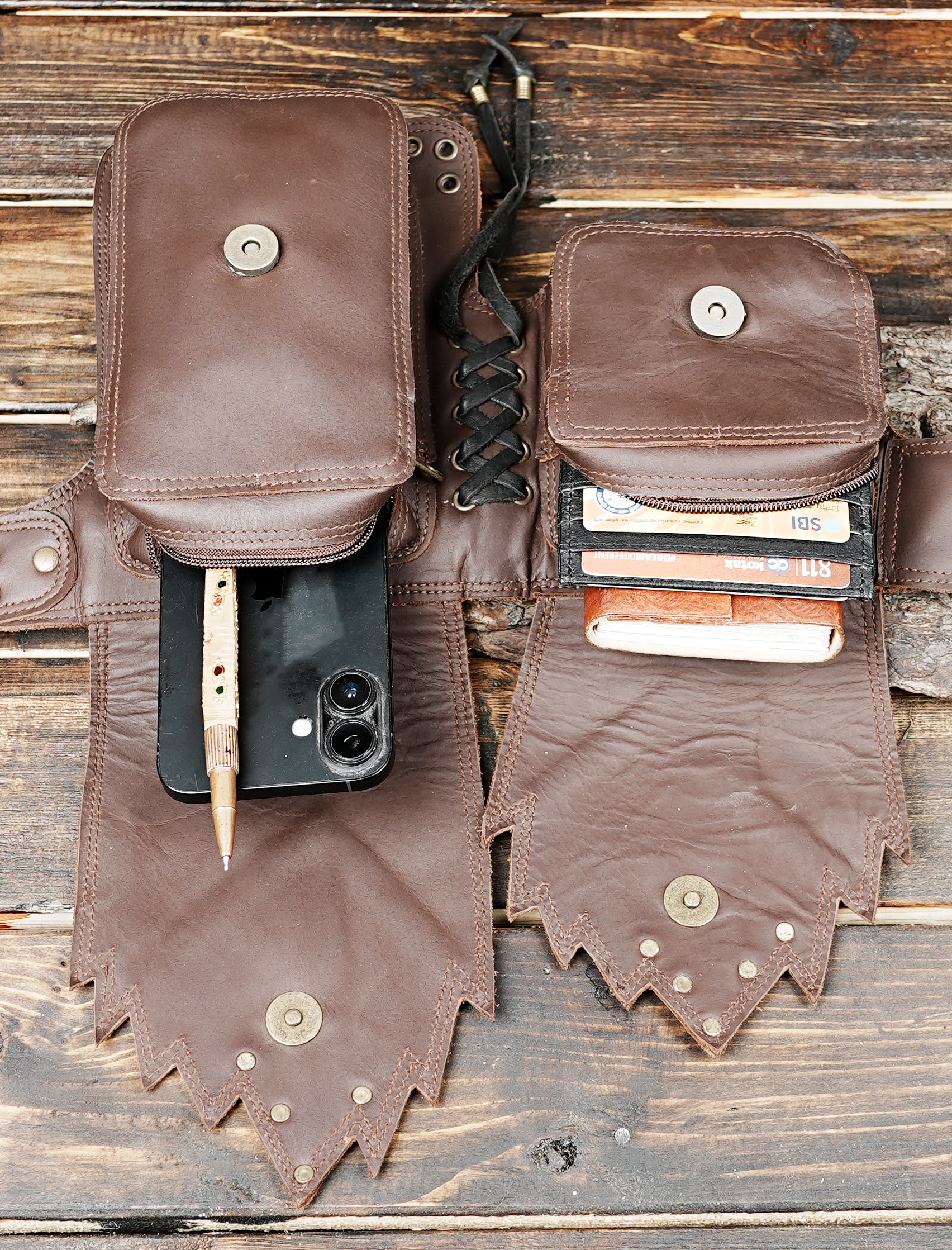 Bohemian style leather belt bag with multiple storage pockets