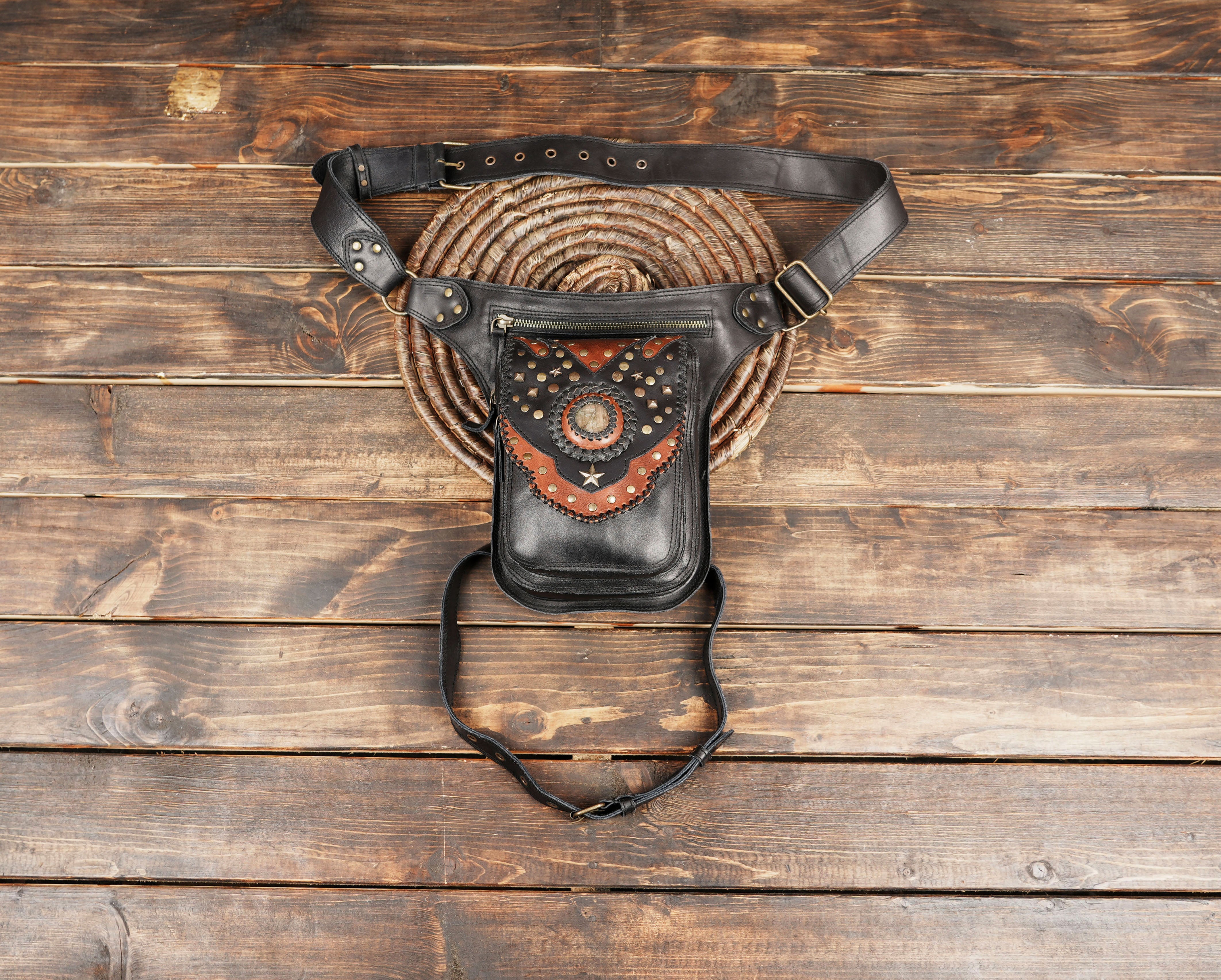 Handmade Leather Thigh  Belt Bag – Steampunk Festival Utility Pouch with Studded Design