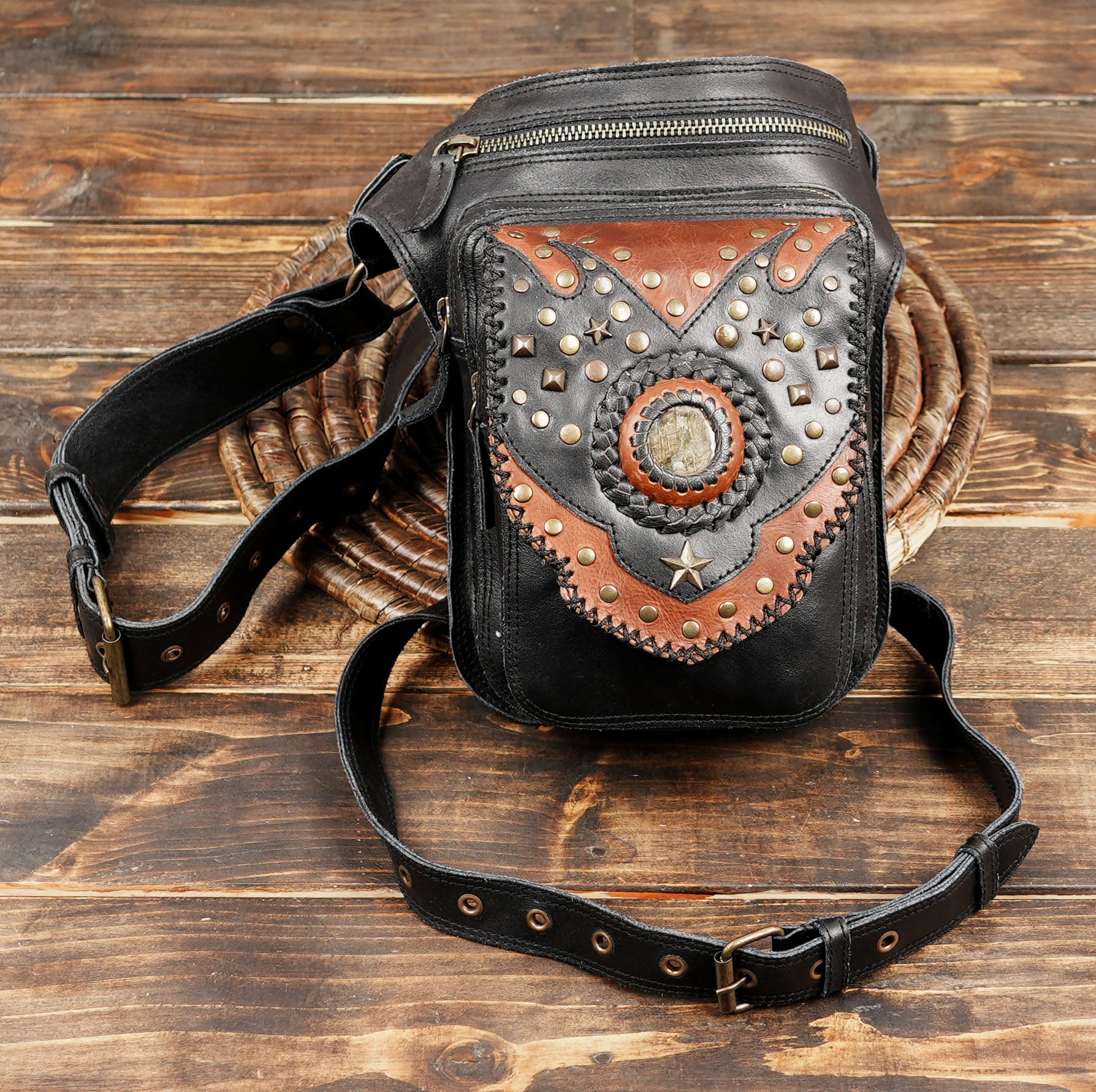 Handmade Leather Thigh  Belt Bag Vintage Studded Leather Thigh 