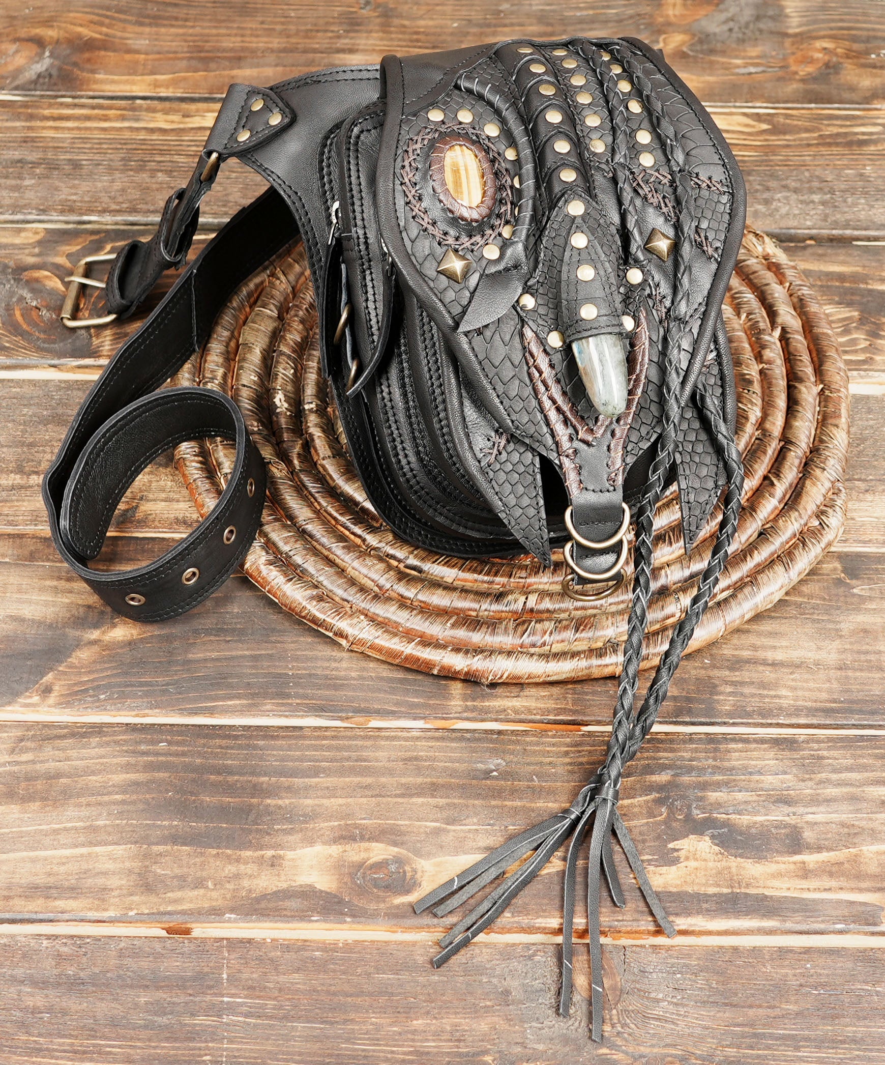 Handcrafted artisan belt bag made of premium black leather with gemstone