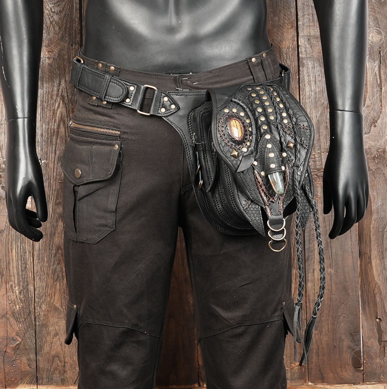 Rustic black leather utility belt bag with gemstone inlay