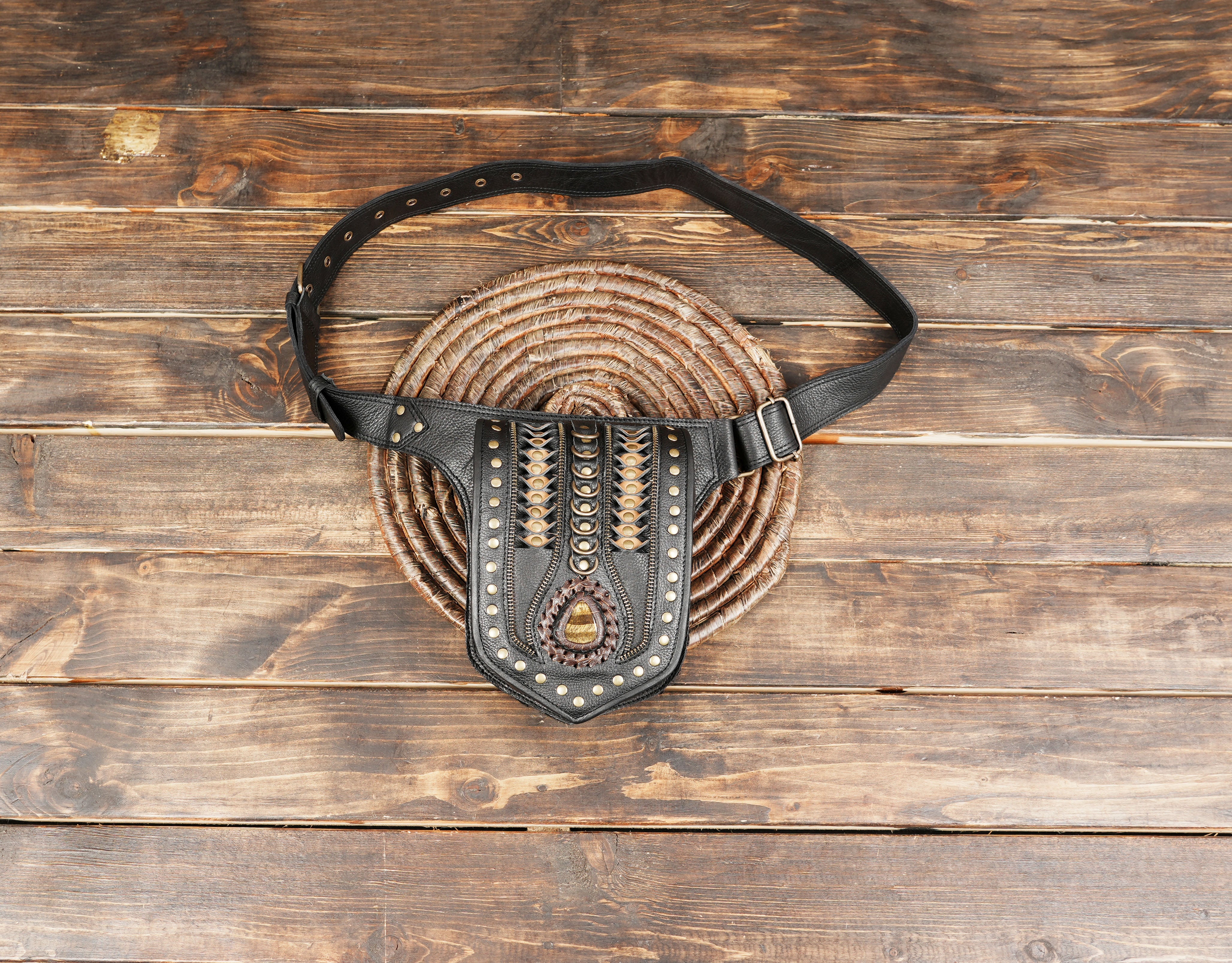 Handmade black leather  belt with gemstone inlay