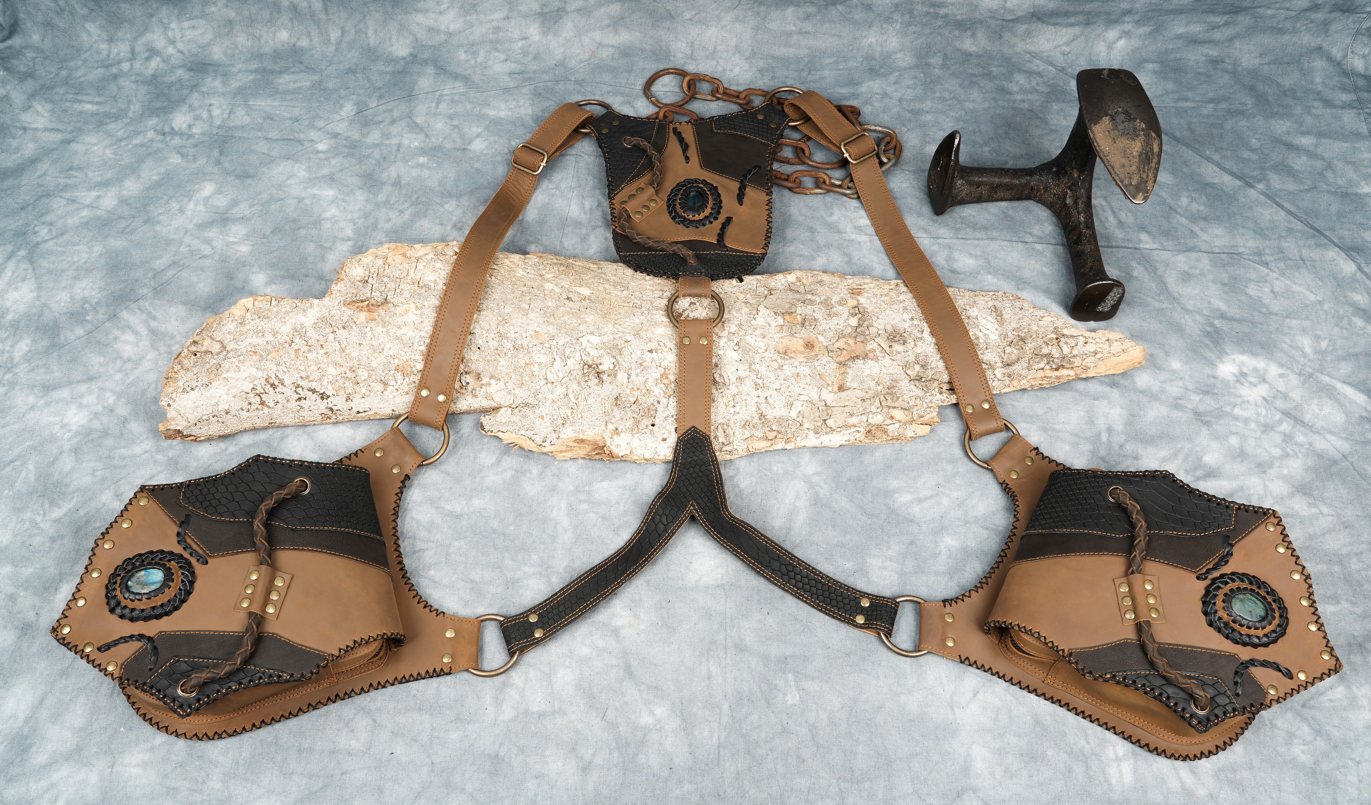 Bohemian tribal holster made from durable cowhide leather with brass fittings.