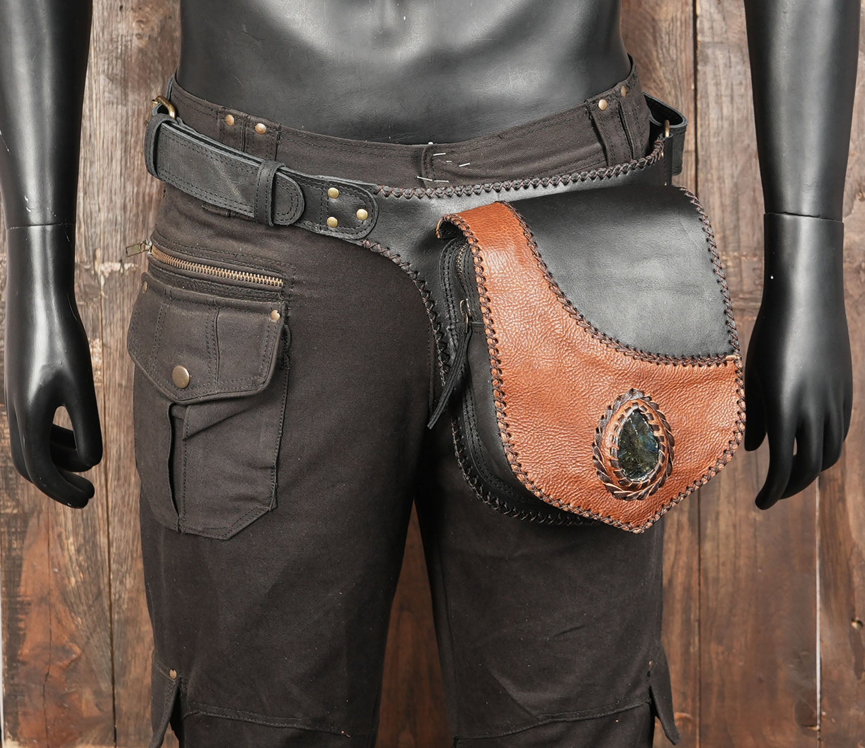 Two-Tone Leather Waist Belt with Gemstone (LT-AB-WB-6207)