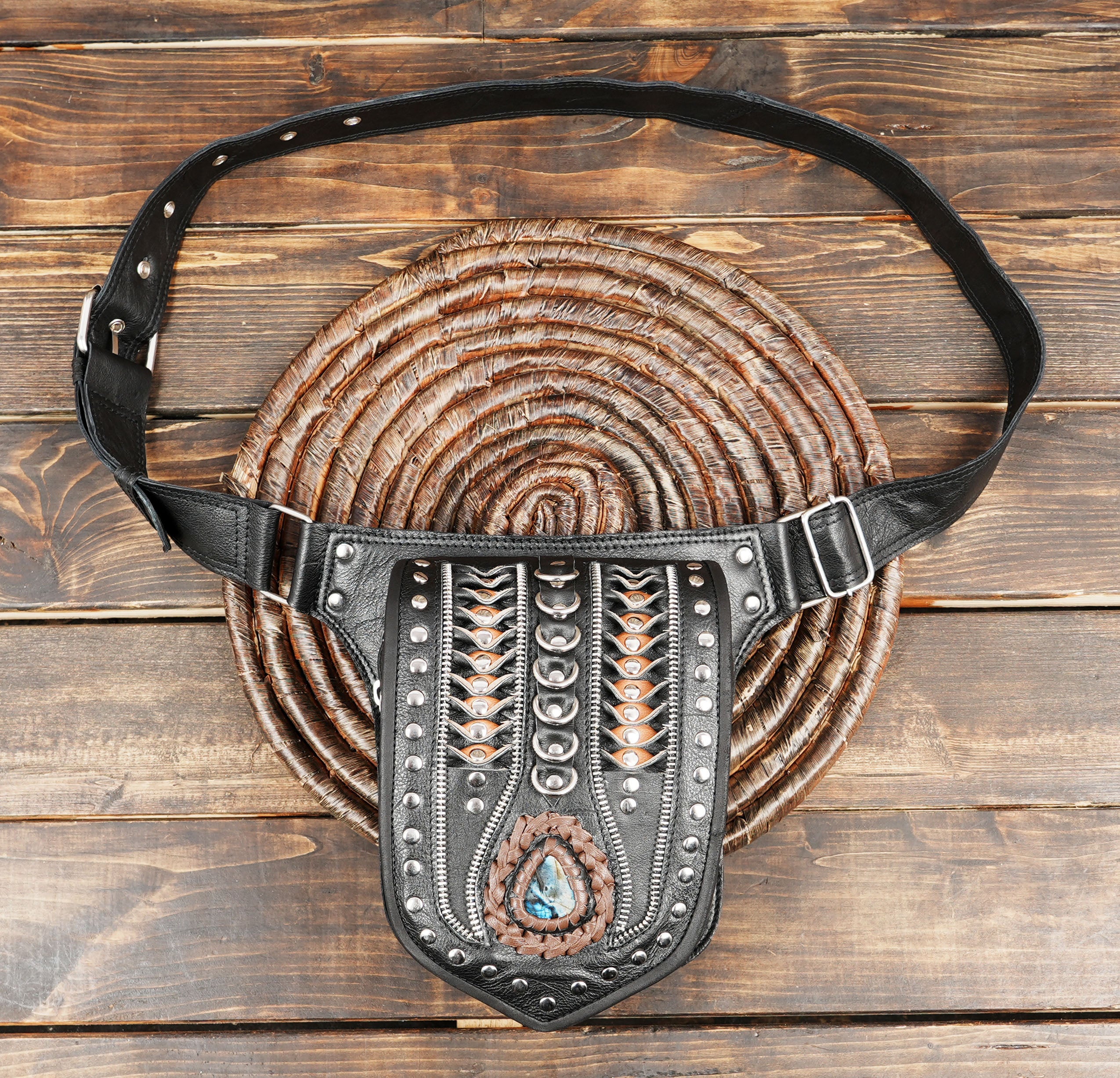 Handmade black leather Western belt bag with gemstone and stud details