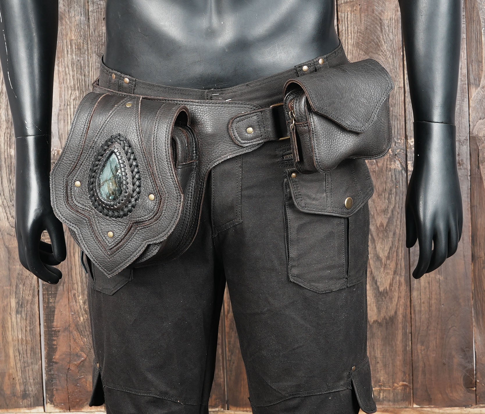 women’s bohemian leather belt bag with gemstone front panel and secure flap