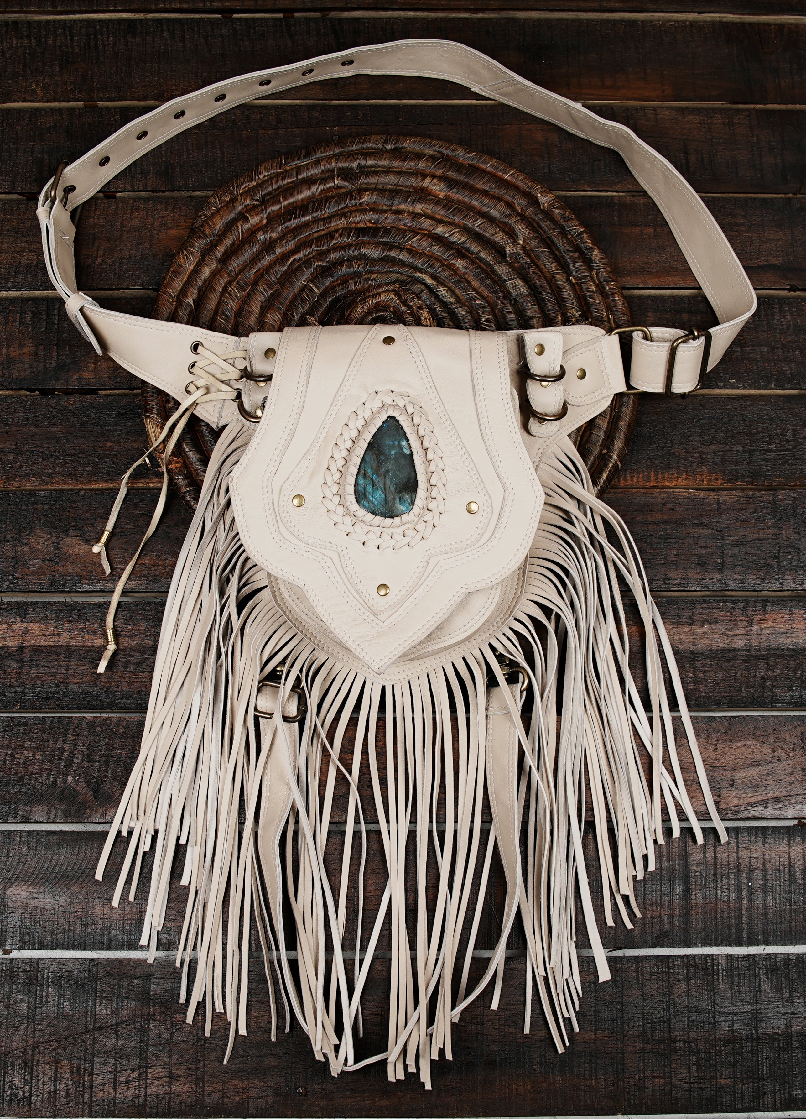 Unique handmade belt bag with gemstone and fringe design