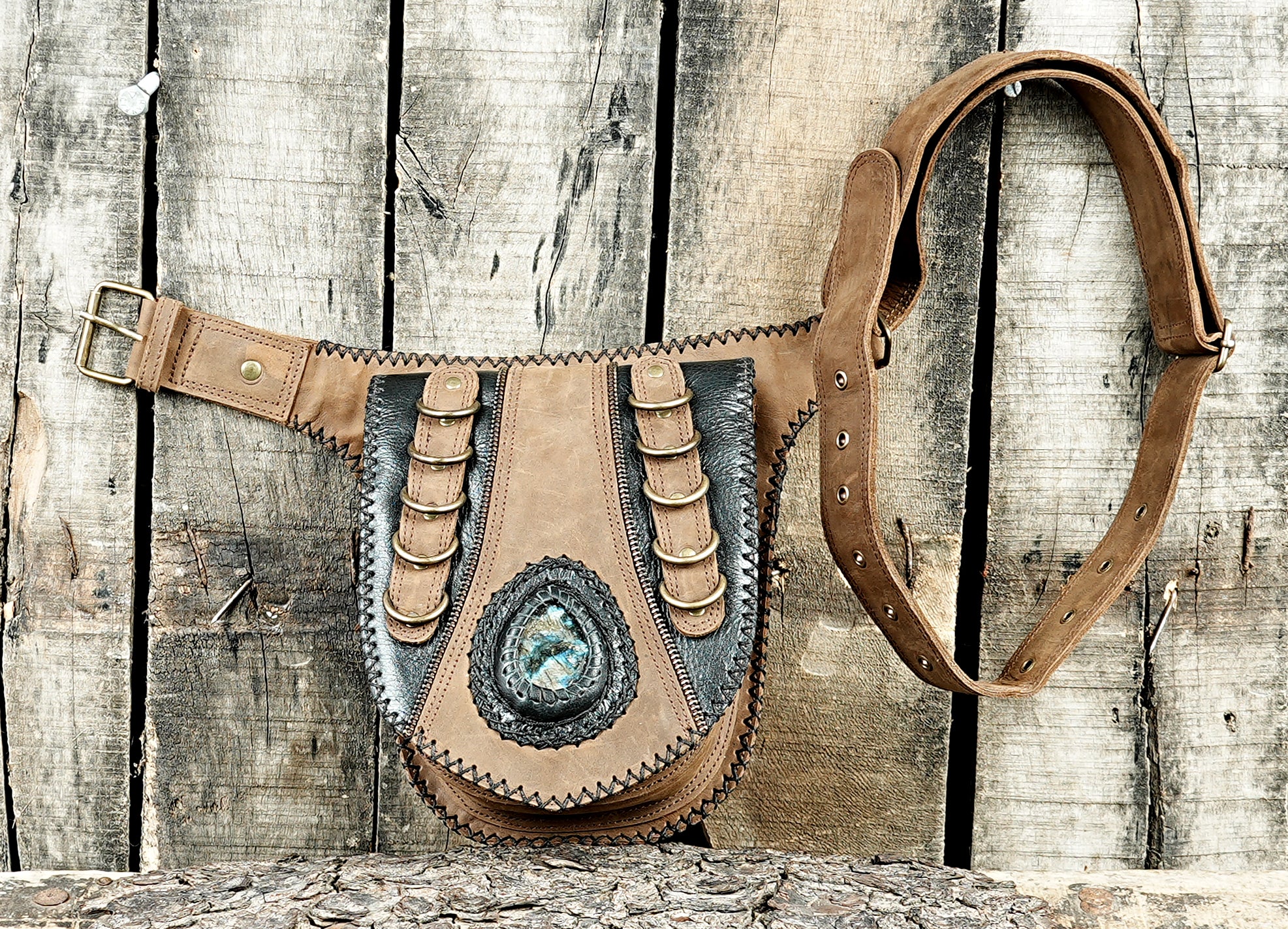 Handmade Leather Waist Belt Pouch With Gemstone Accent || Festival Leather Utility Belt Bag With Adjustable Fit (LT/AB/WB/6004)