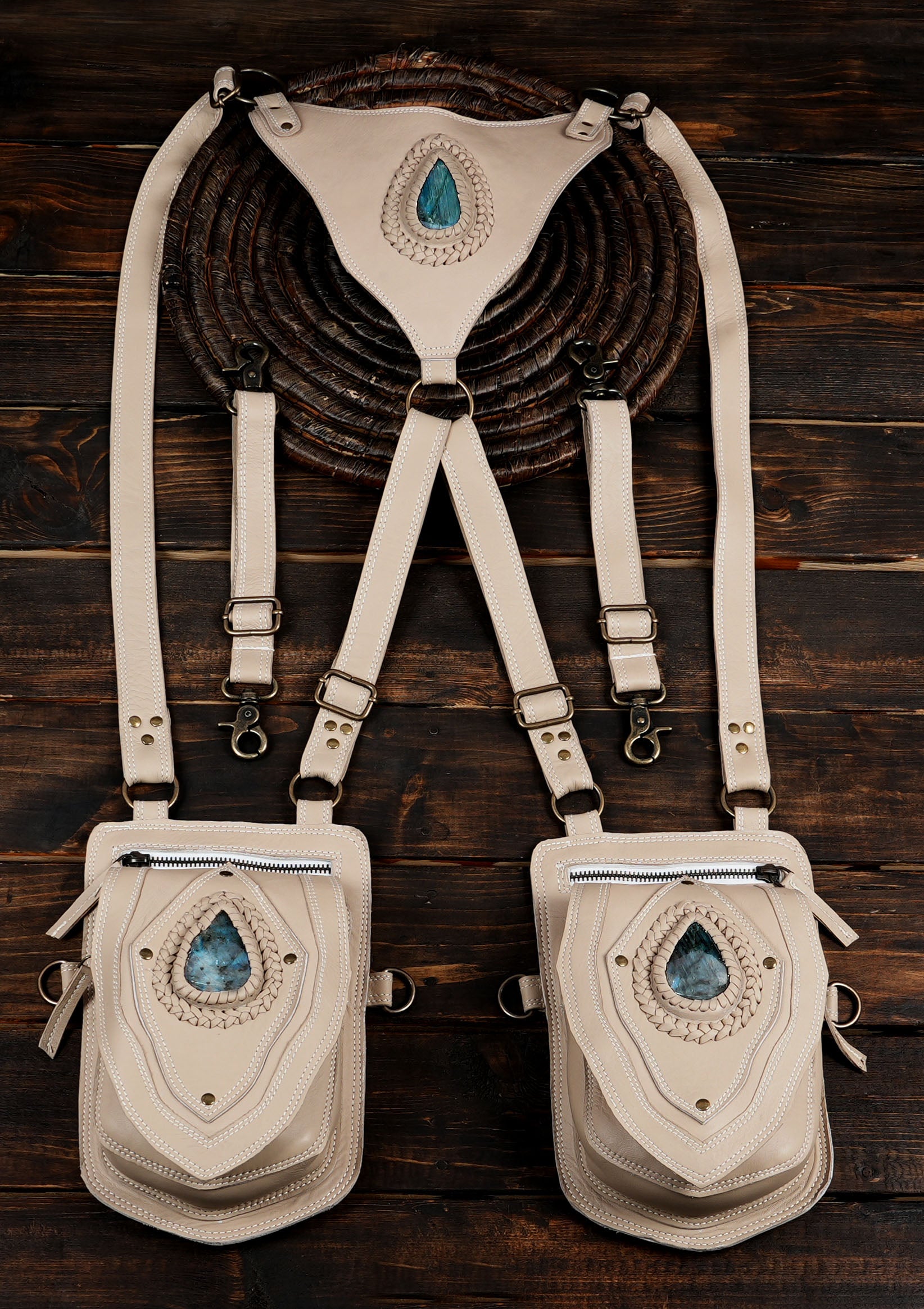 White leather festival holster with two utility pouches
