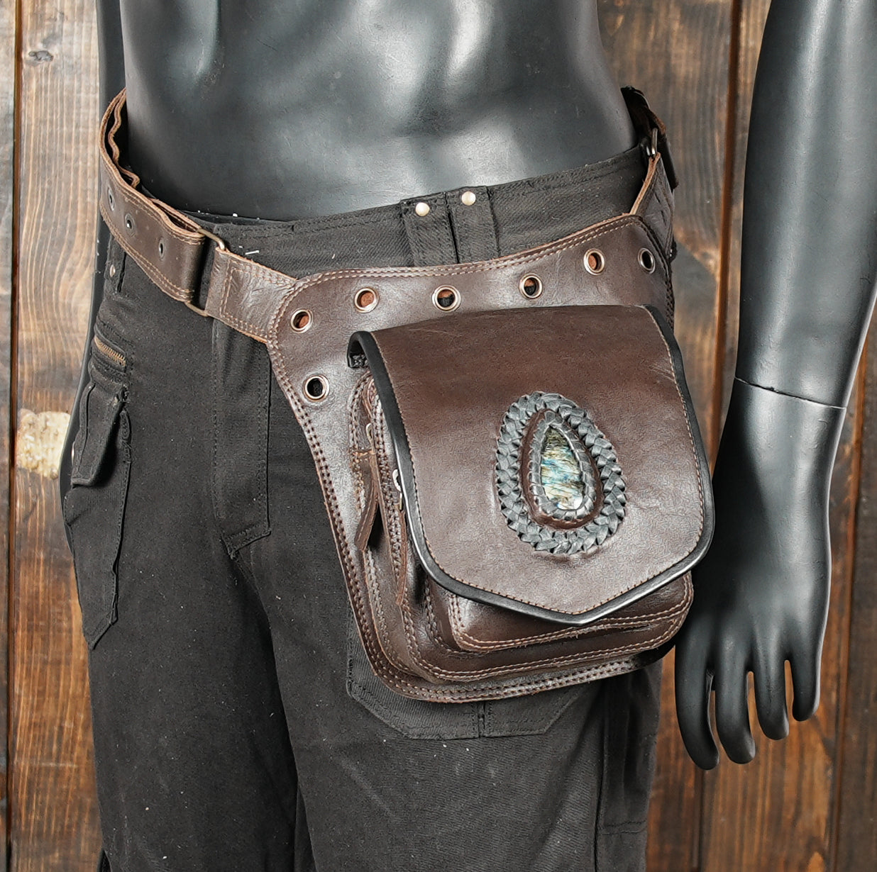 Tribal style gemstone leather festival belt bag