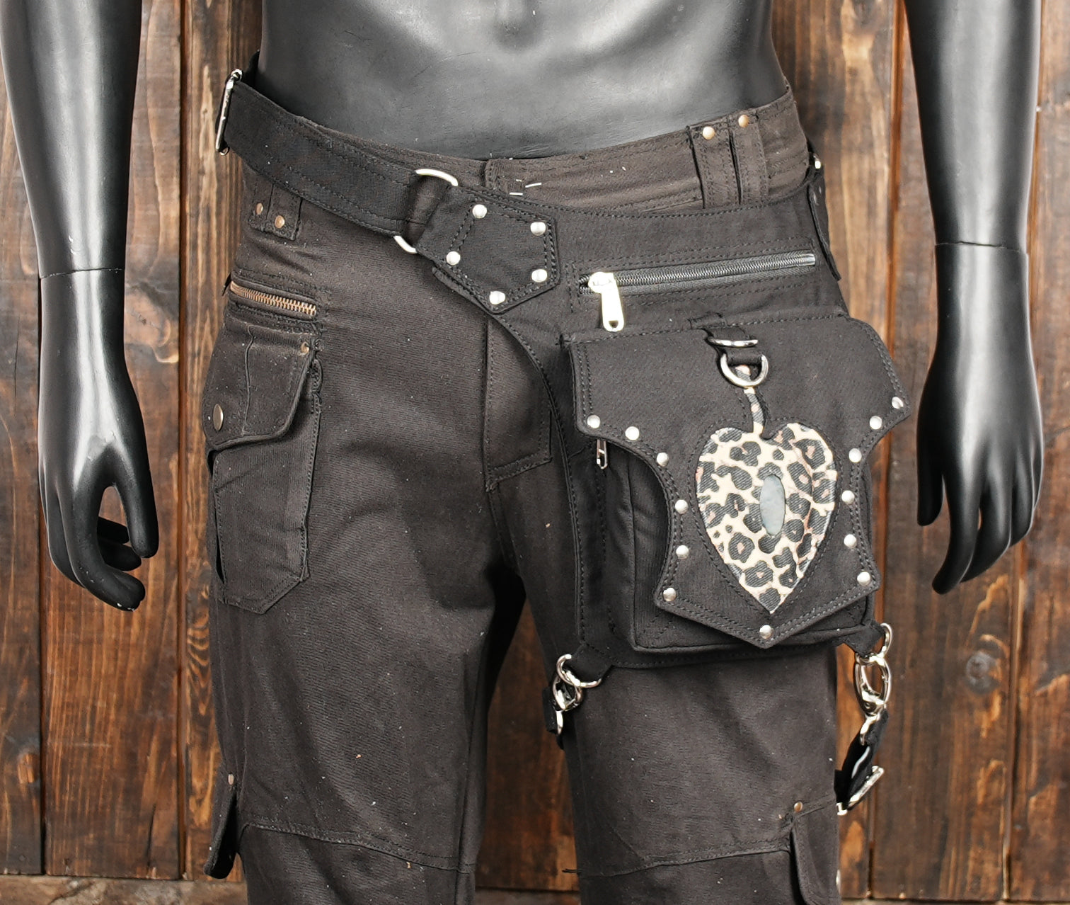 Black cotton utility belt bag with heart patch and rivets