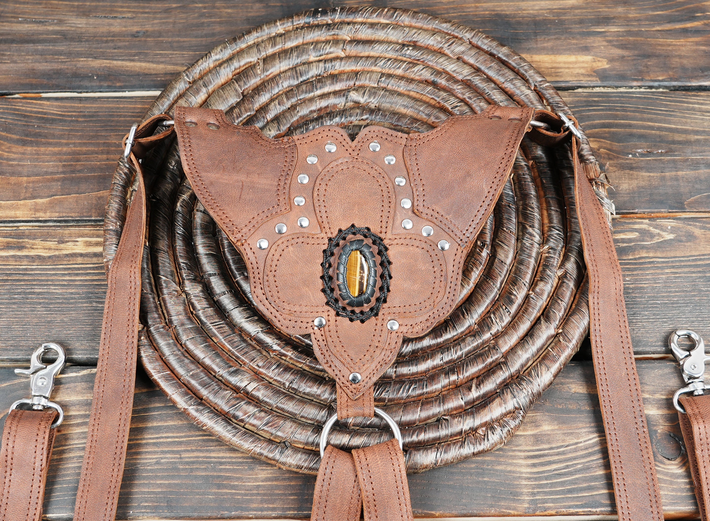 Handmade Black Leather Holster | Labradorite Gemstone Studded Harness | Dual Pocket Festival Belt | Gothic Leather Holster | Unisex Holster