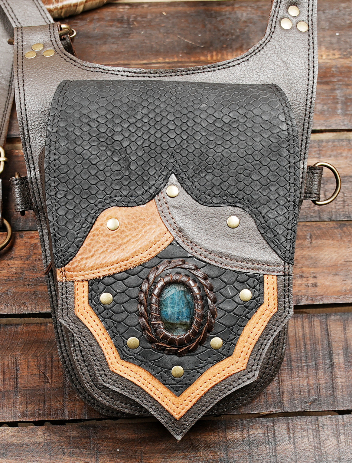 Handcrafted Leather Utility Holster , Unisex Travel Bag with Stone Accent, Black Leather Shoulder Holster burning man, for unisex.