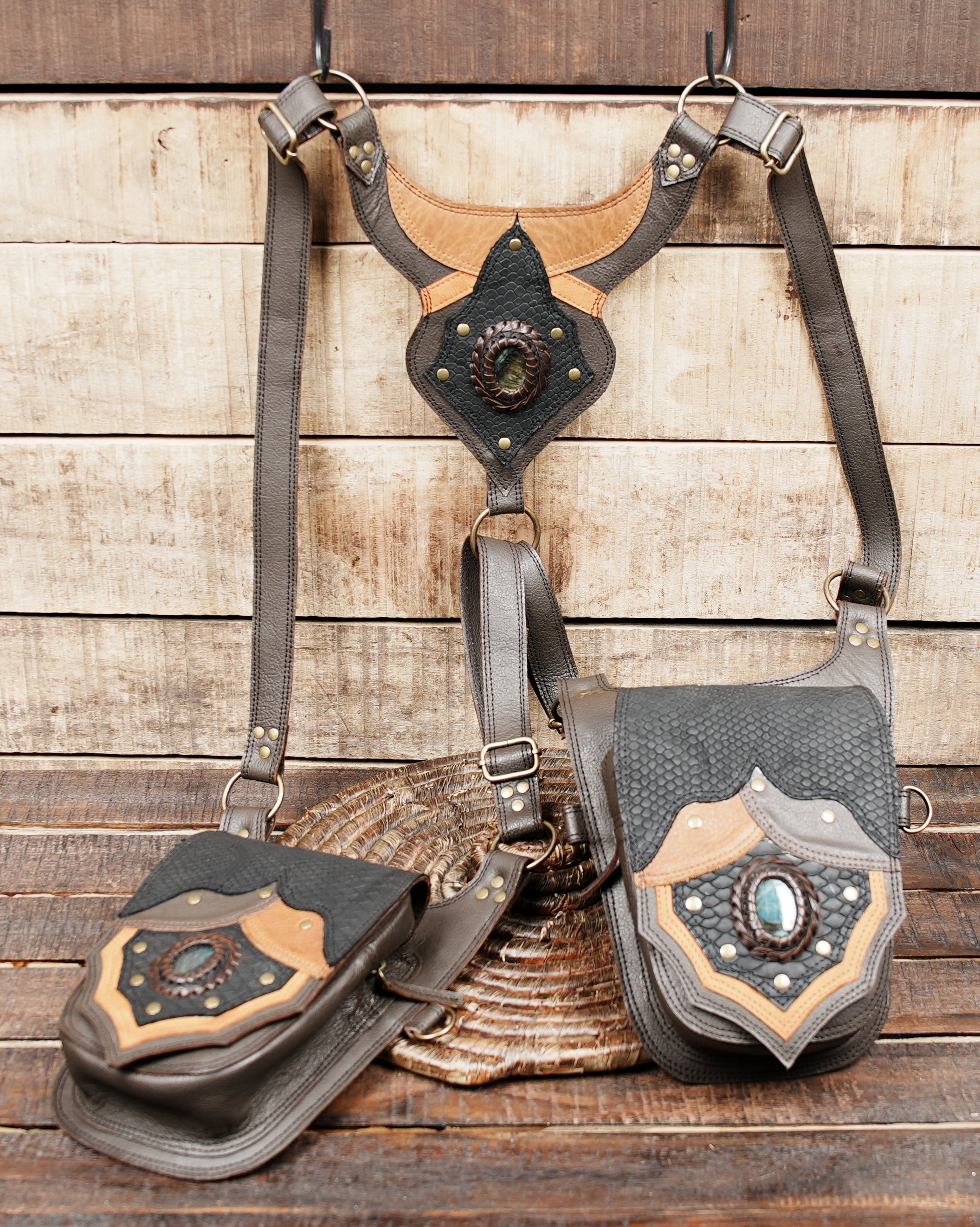 Handmade Leather Holster Belt with Dual Utility Pouches, Steampunk Festival Leather Harness Belt with Gemstone Design, Burning Man Holster