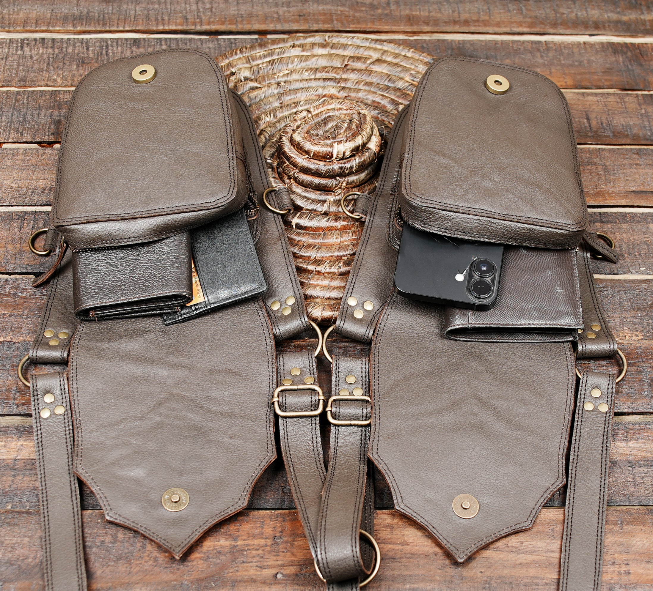 Handmade Leather Holster Belt with Dual Utility Pouches, Steampunk Festival Leather Harness Belt with Gemstone Design, Burning Man Holster