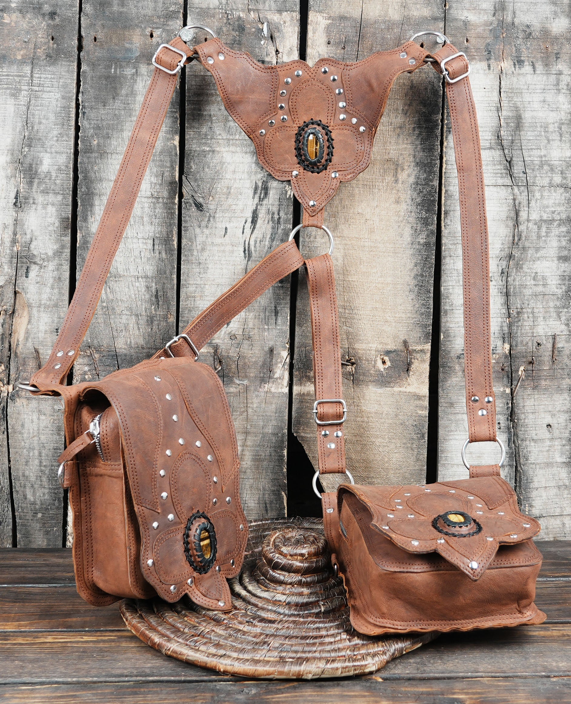 Handcrafted Leather Utility Holster , Unisex Travel Bag with Stone Accent, Black Leather Shoulder Holster burning man, for unisex with creative 