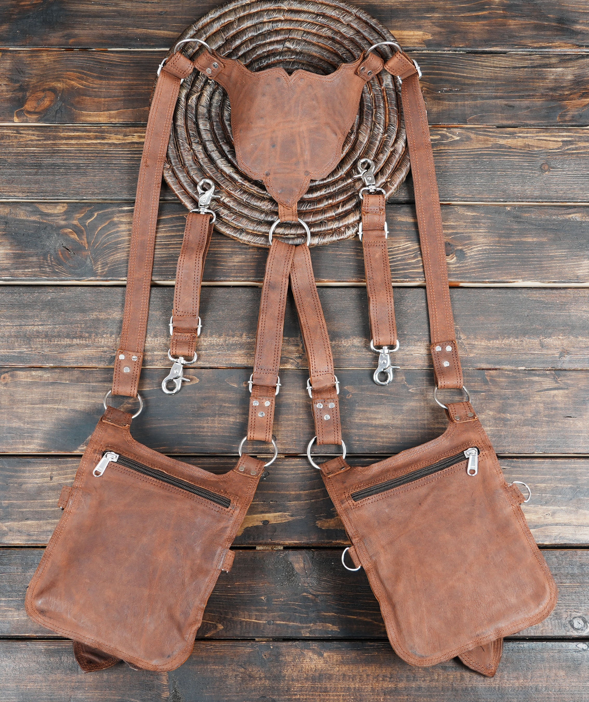 Buy Handmade Leather Holster Belt With Dual Utility Pouches, Steampunk Festival Leather Harness Belt with zipper 