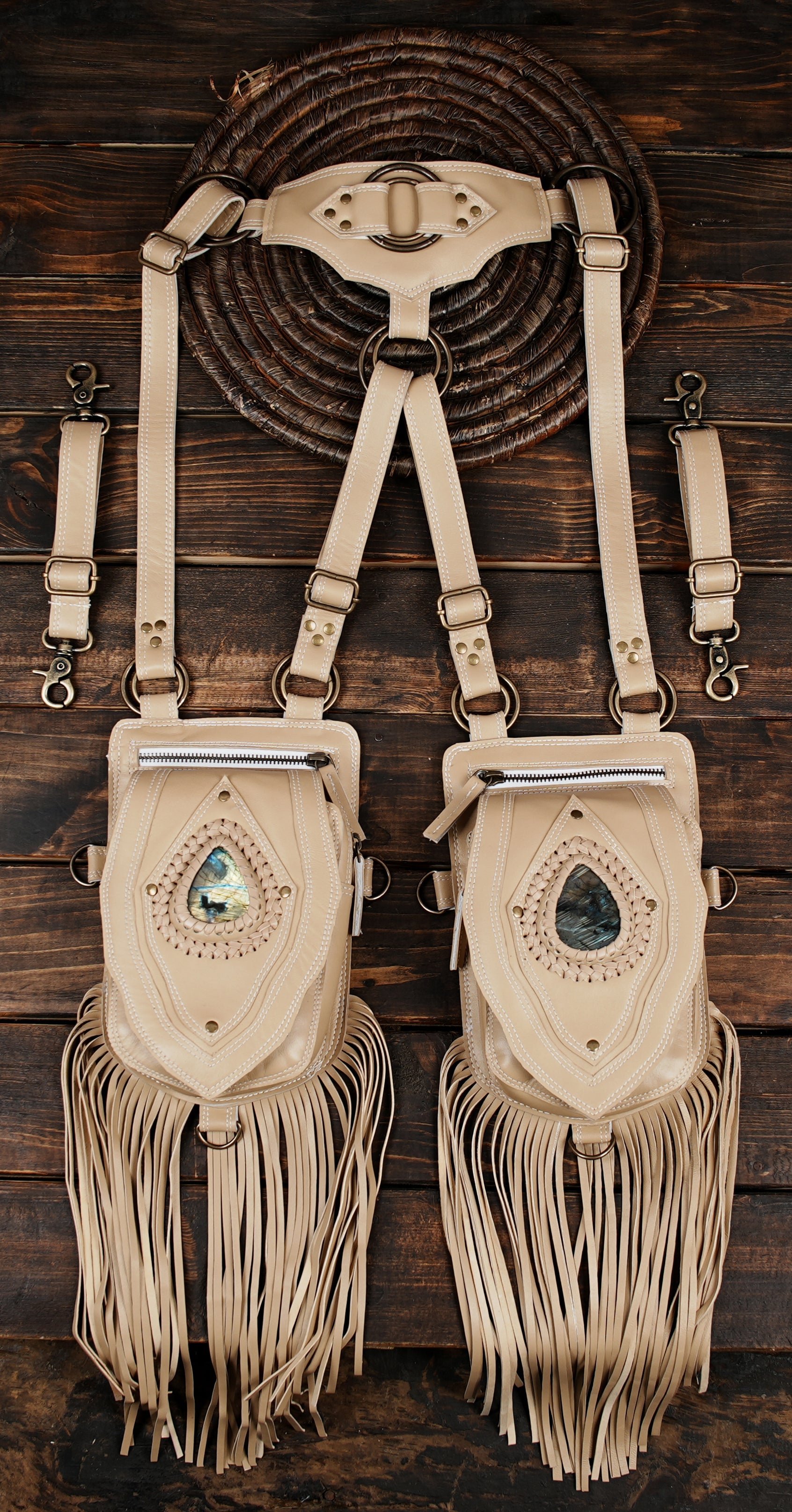 White Leather Festival Belt Bag: Gothic Gemstone Utility Belt with front zipper 