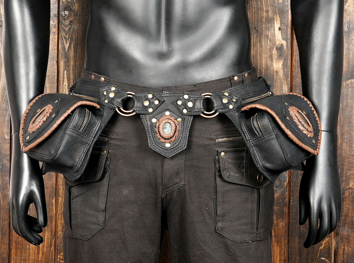 Leather festival utility belt with dual pockets and gemstone embellishment