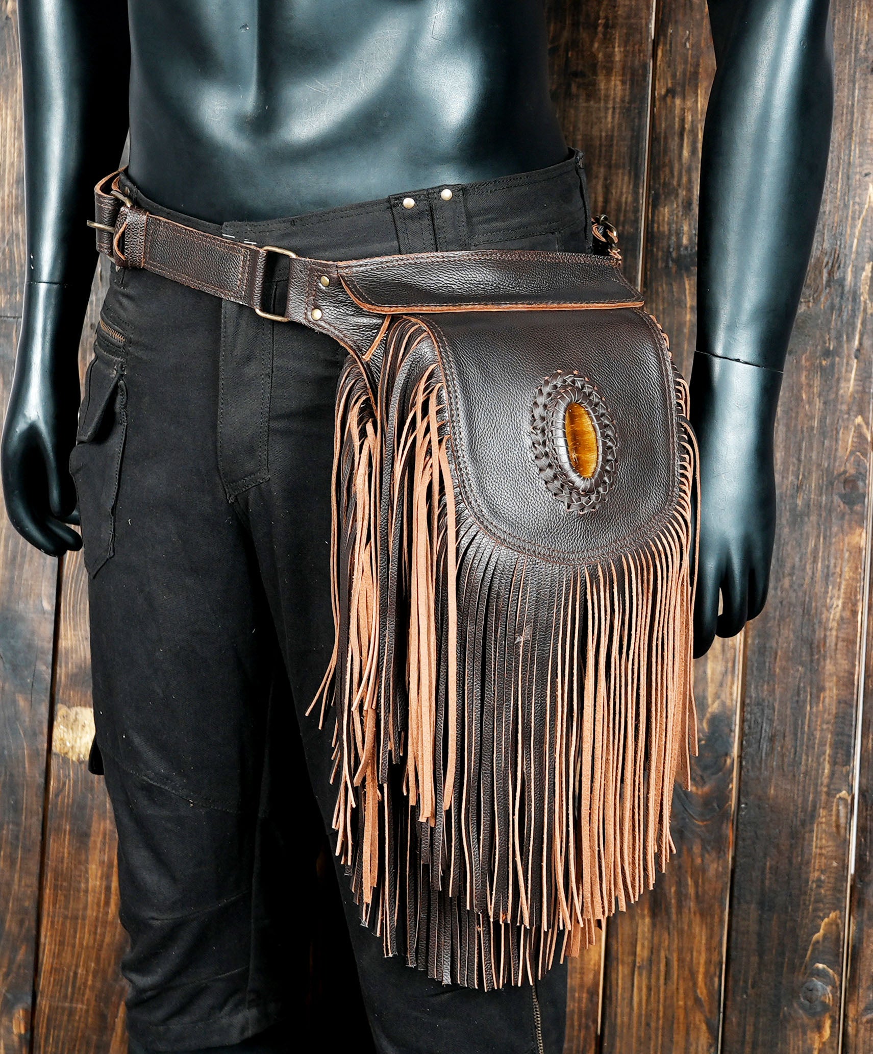 Back view of handmade leather hip pouch with zipper