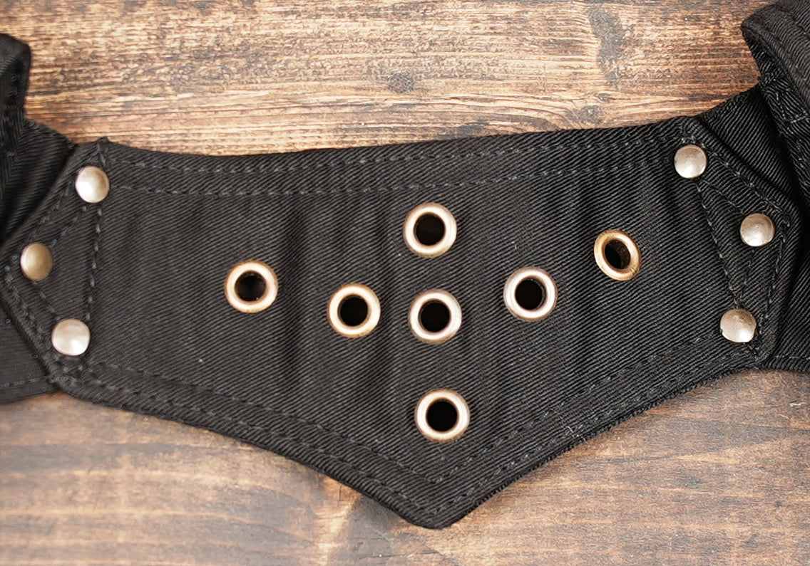 Gothic black leather waist pouch with rivets and utility design