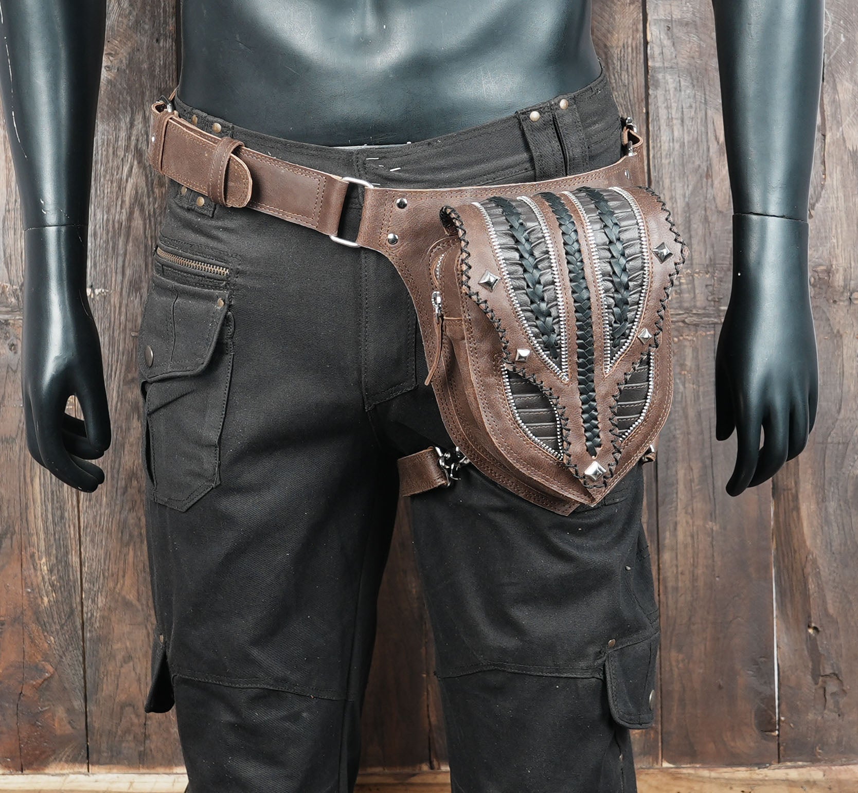 Cosplay leather holster belt featuring dual-tone craftsmanship.
