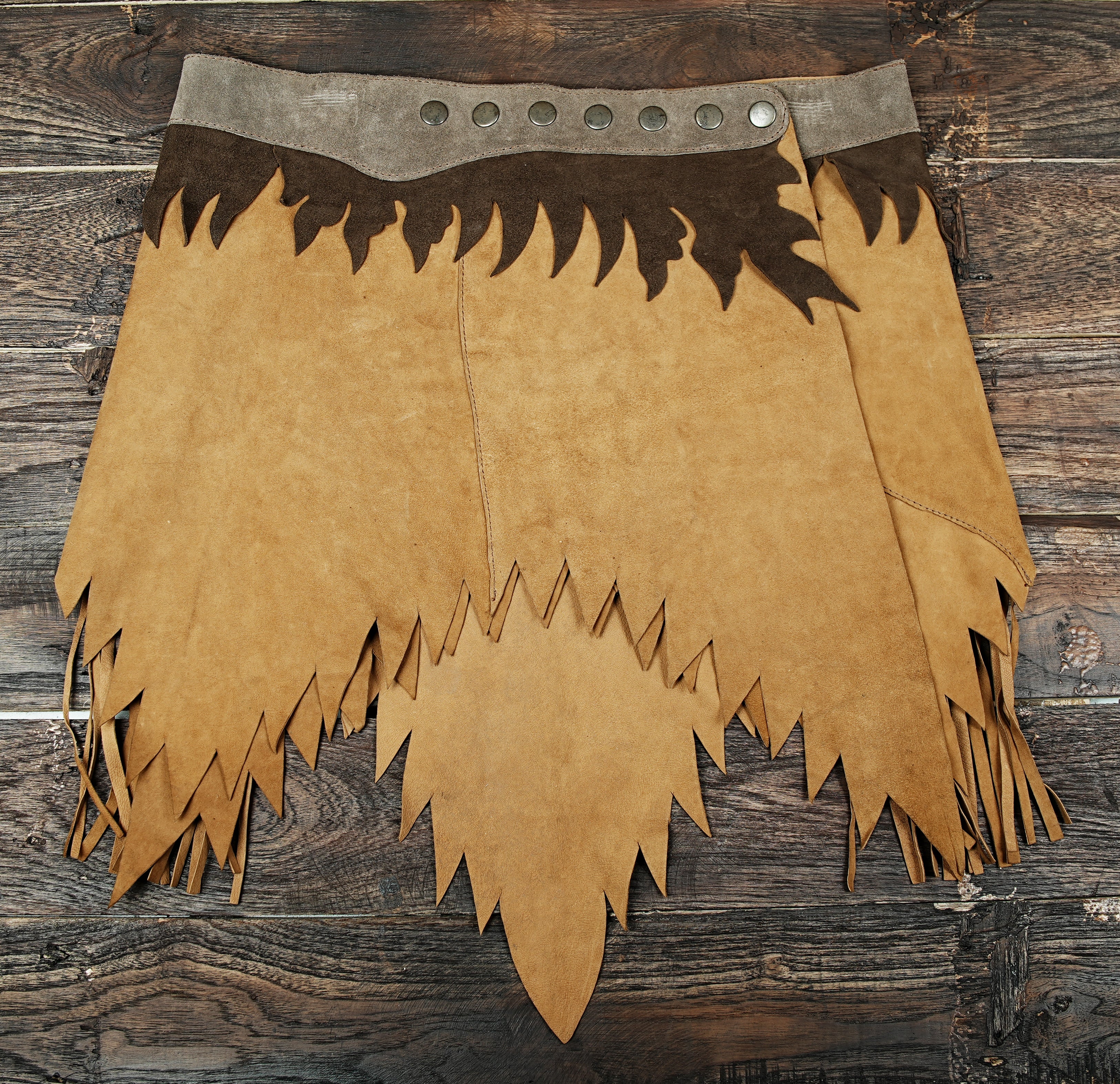 Brown and tan leather western skirt with decorative embroidery