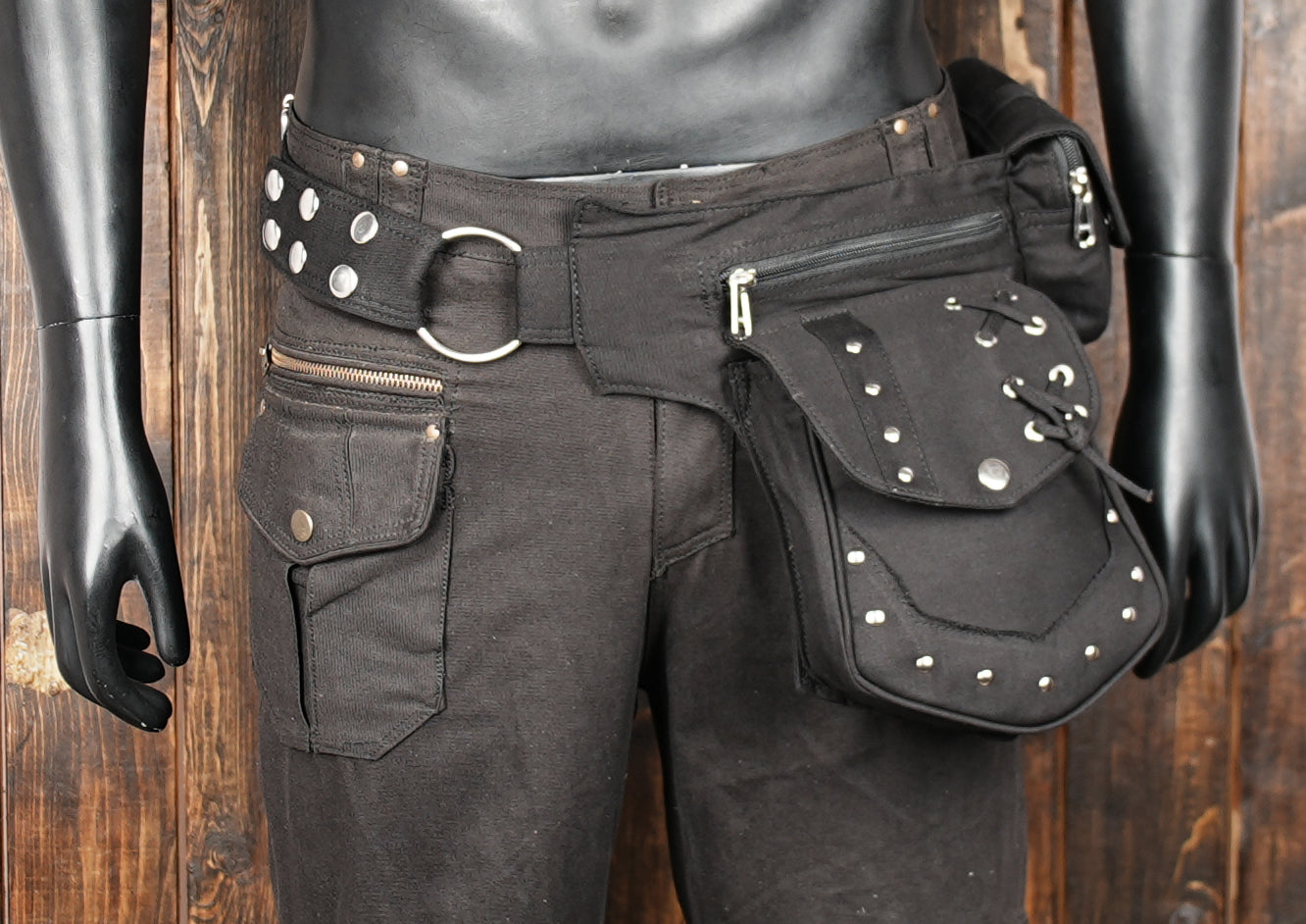 Durable black cotton hip pouch with rivet accents