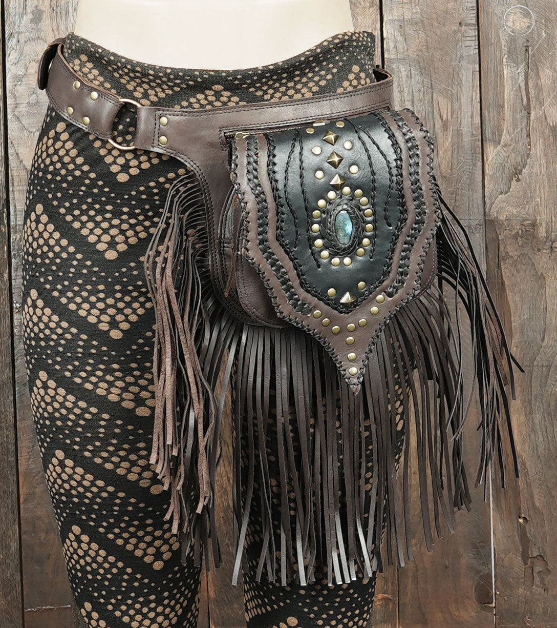Steampunk fringe waist belt with brass stud details